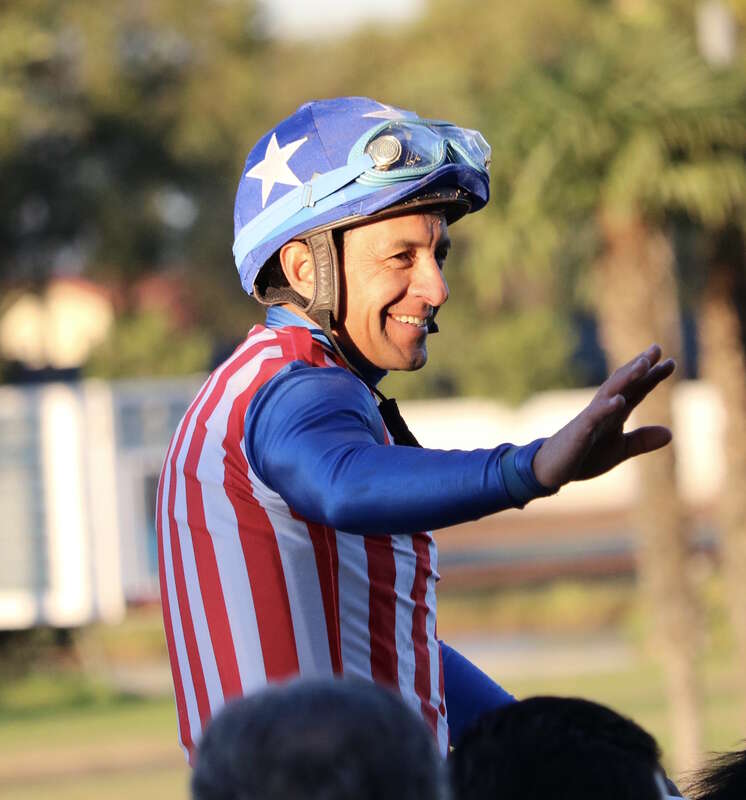 Victor Espinoza at Los Alamitos racetrack December 17, 2016>  He is wearing the racing colors of Kaleem Shah's racing stable