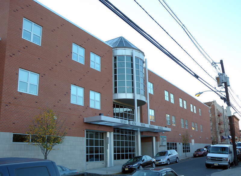 Looking west at West New York Middle School on a sunny later afternoon.