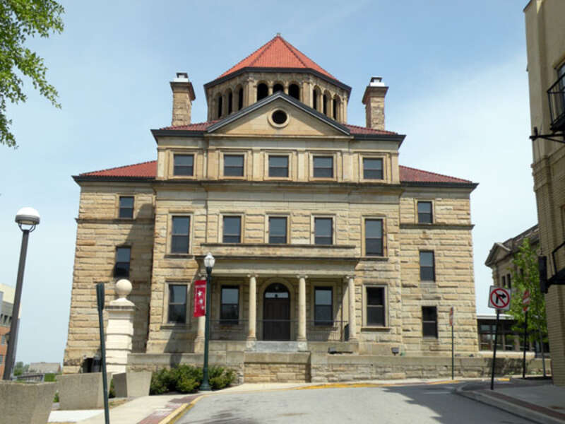 Picture of the Washington County Jail on Cherry Street in Washington, Pennsylvania, on May 1, 2010.  The jail was designed by Frederick J. Osterling and built in 1899, and is listed on the National Register of Historic Places.