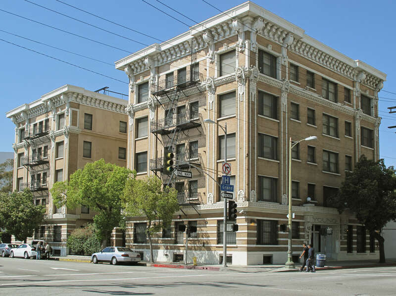 The Young Apartments — 1621 South Grand Avenue, at the southern end of Downtown Los Angeles. 
This building is visible from the Interstate-10 freeway a block away.
A Los Angeles Historic-Cultural Monument.
