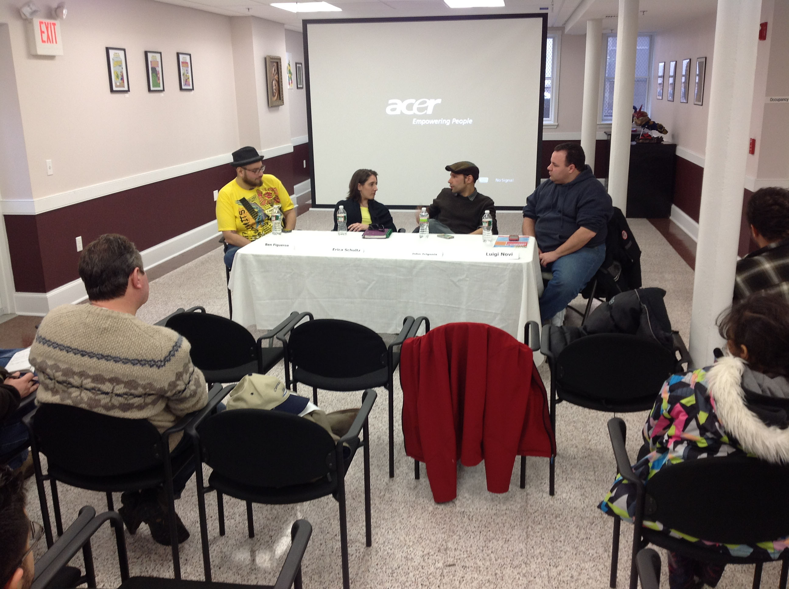 Panel discussion on the topic of Writing and Storytelling in Comics on Day 2 of the first annual Artists Assemble! comics festival at the William V. Musto Cultural Center in Union City, New Jersey, February 3, 2013. Seated behind the table, from left