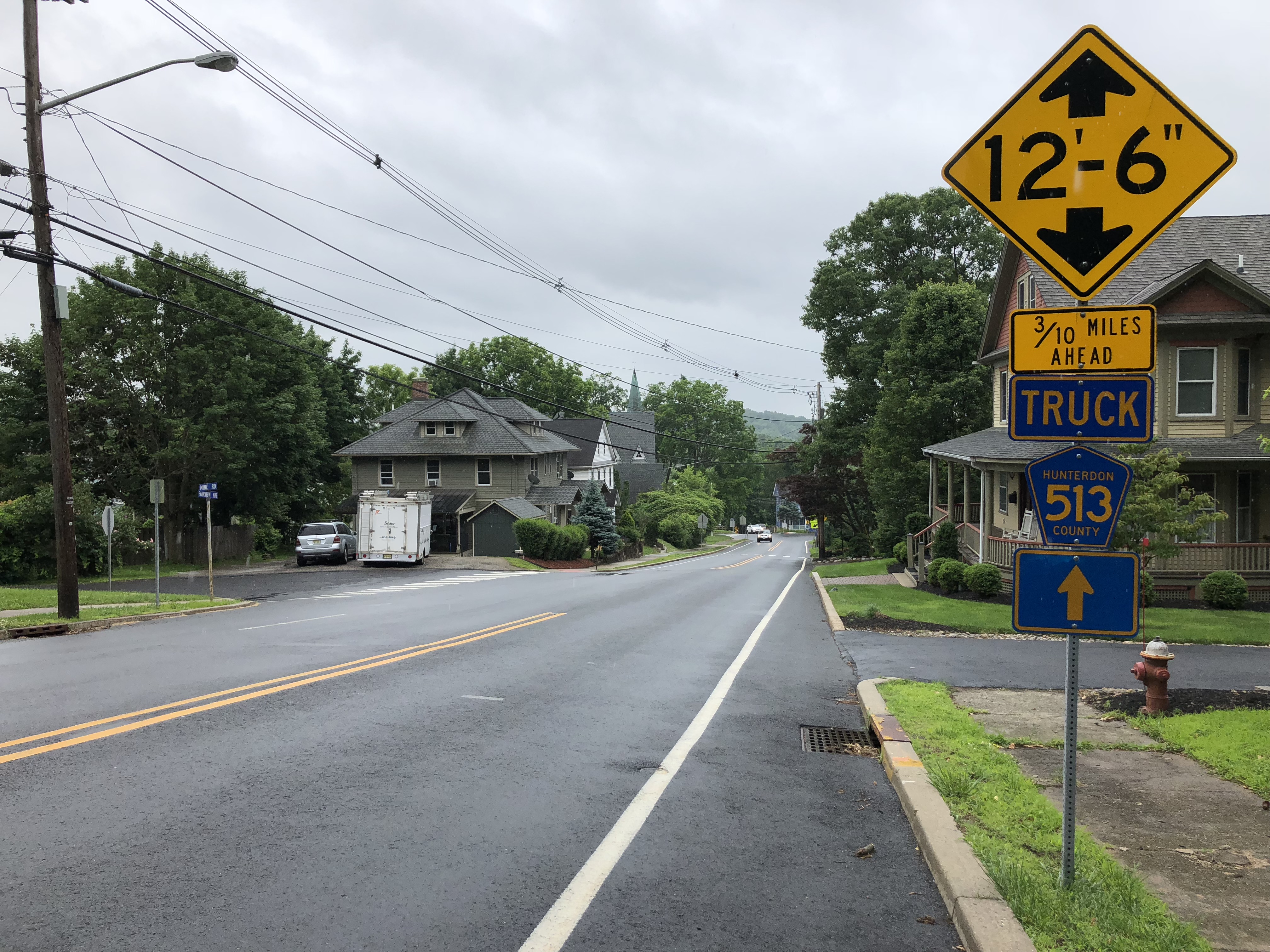 View south along Hunterdon County Route 513 (Fairview Avenue) at Mine Road in High Bridge, Hunterdon County, New Jersey