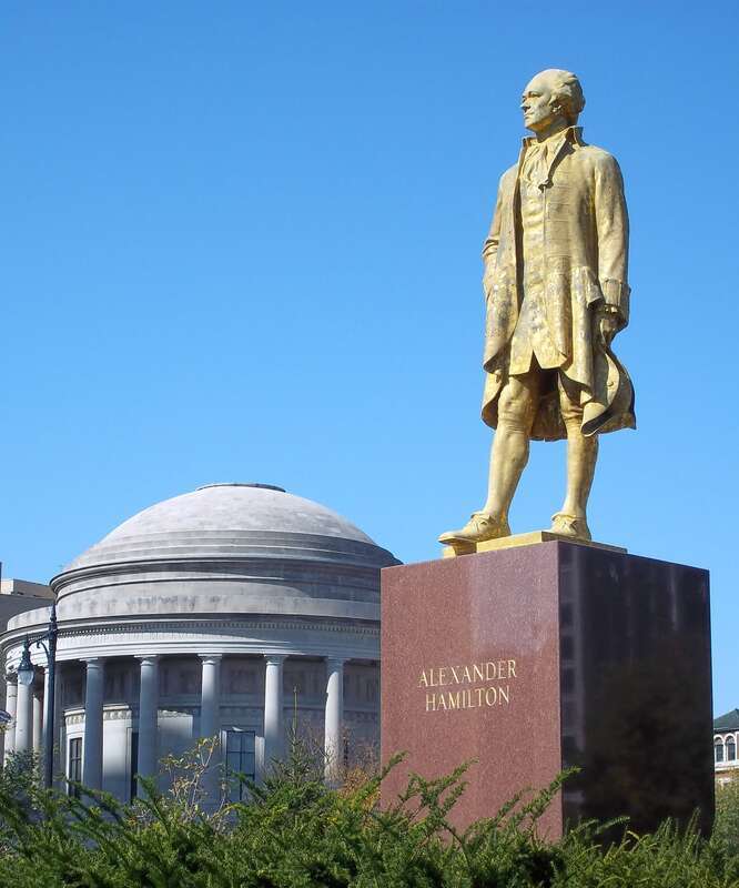 The Alexander Hamilton statue in Lincoln Park. In the background is the Elks Veterans Memorial.