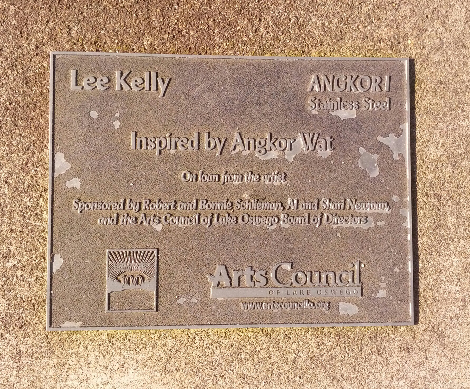 Plaque on Angkor I statue in Lake Oswego, OR