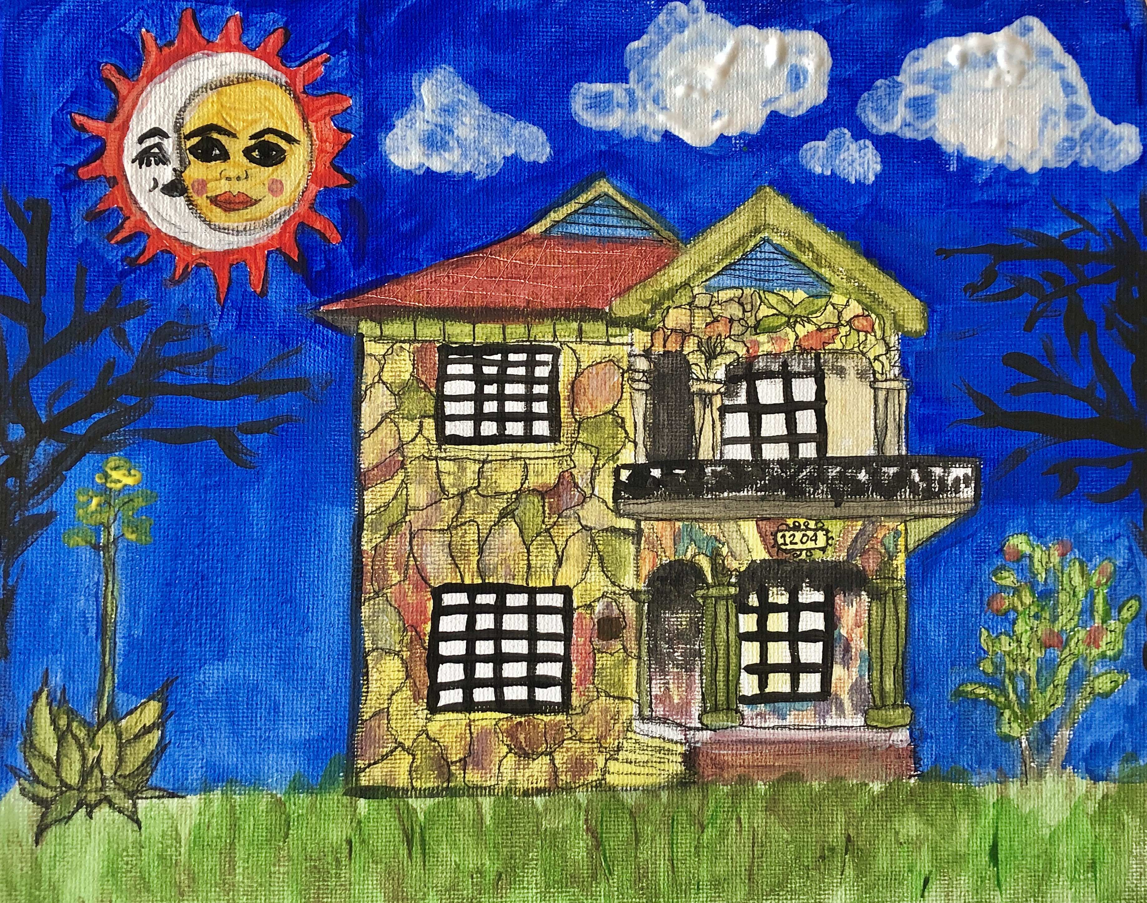 Watercolor painting of a colorful house with rocks of different colors and big windows. There are trees and different vegetation surrounding the house. There is also a sun and moon together, with smiling faces.
Latino Heritage Internship Programs