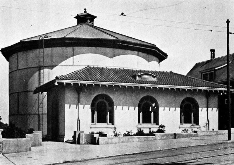 Ashbury Heights tank around 1915, with wires and tracks of the route 33 streetcar line