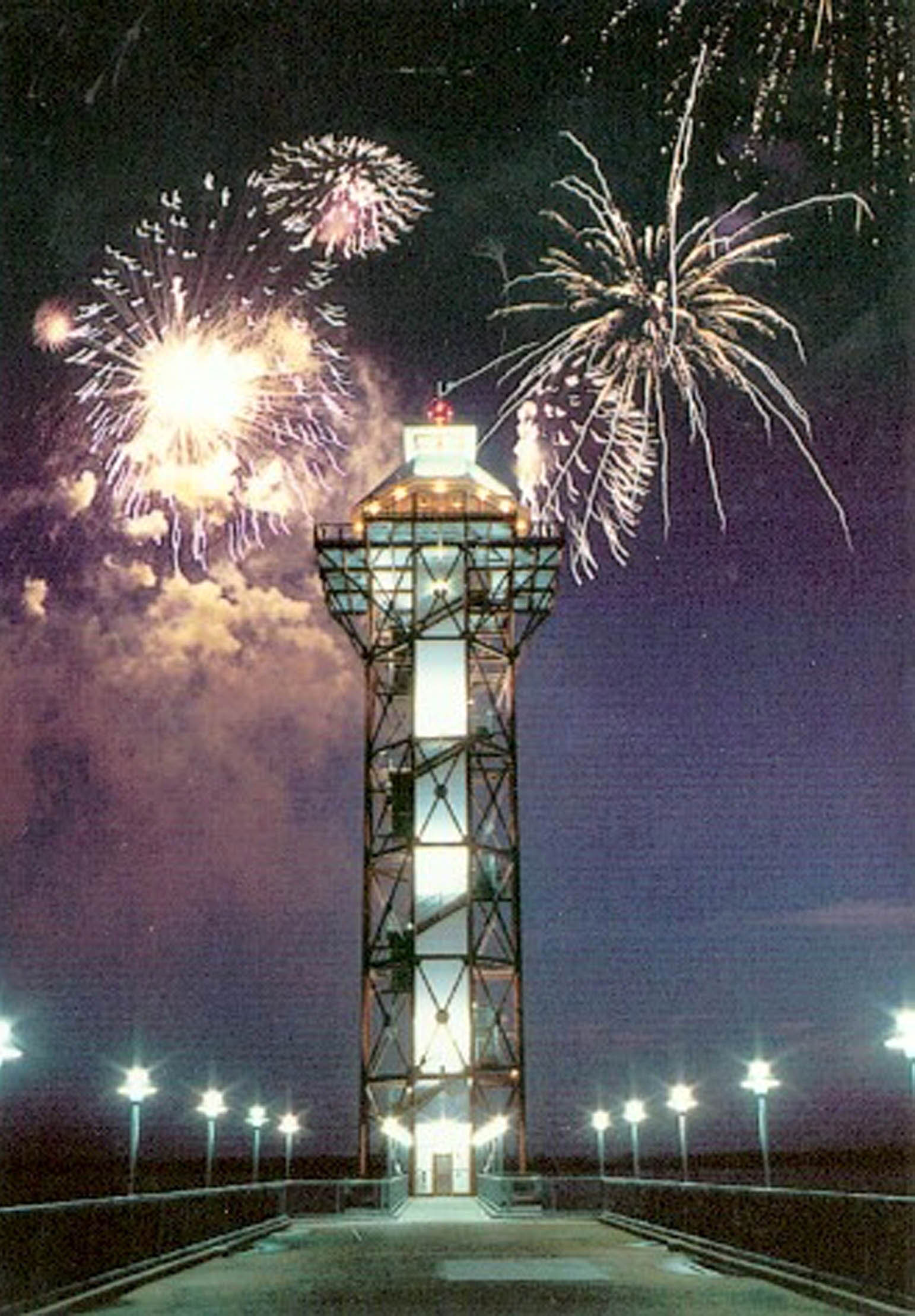 The Bicentennial Tower on Dobbins Landing on the Erie waterfront is framed by fireworks.