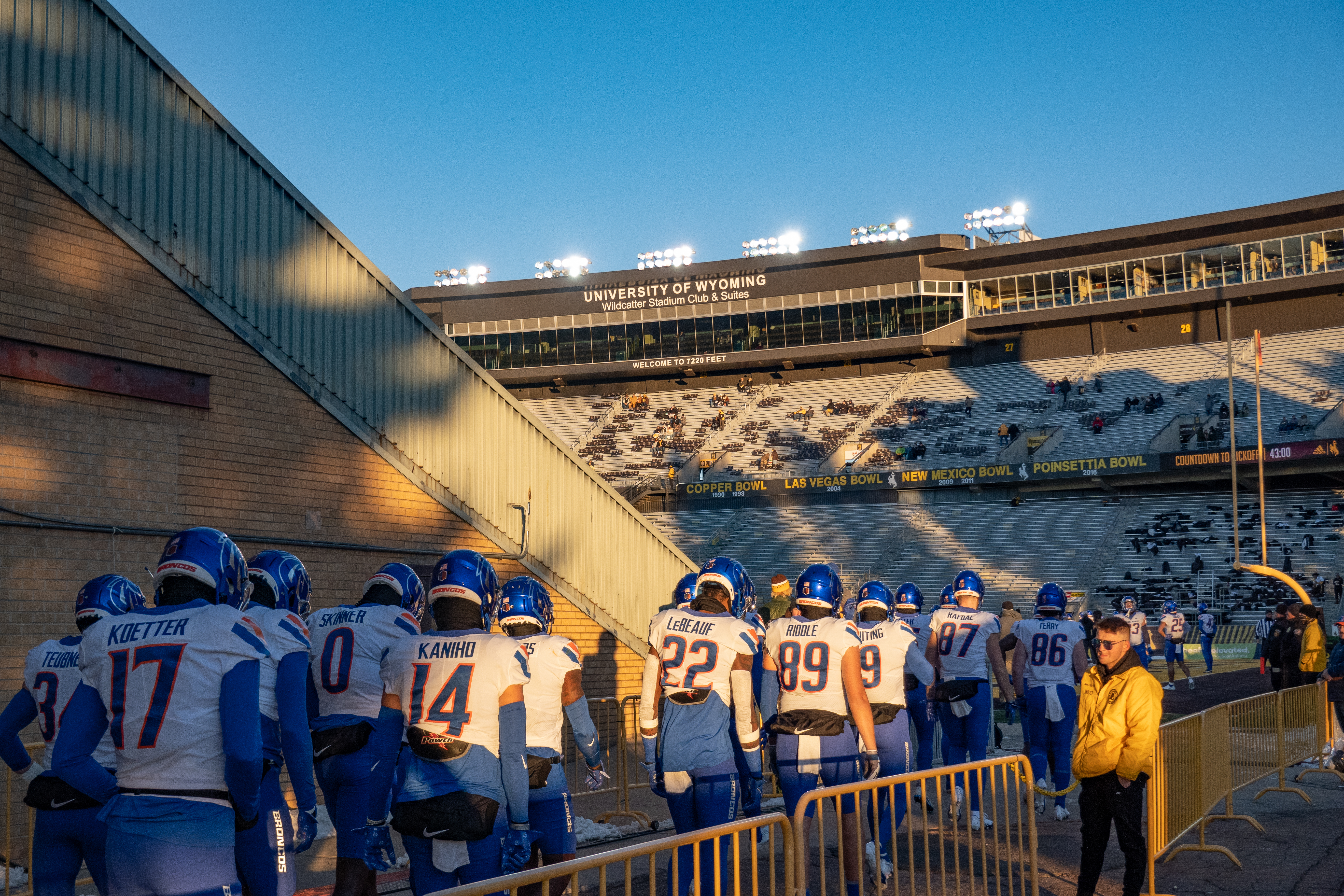 The University of Wyoming Cowboys play the Boise State University Broncos in a college football game at War Memorial Stadium on the University of Wyoming campus in Laramie, Wyoming, on November 19, 2022.