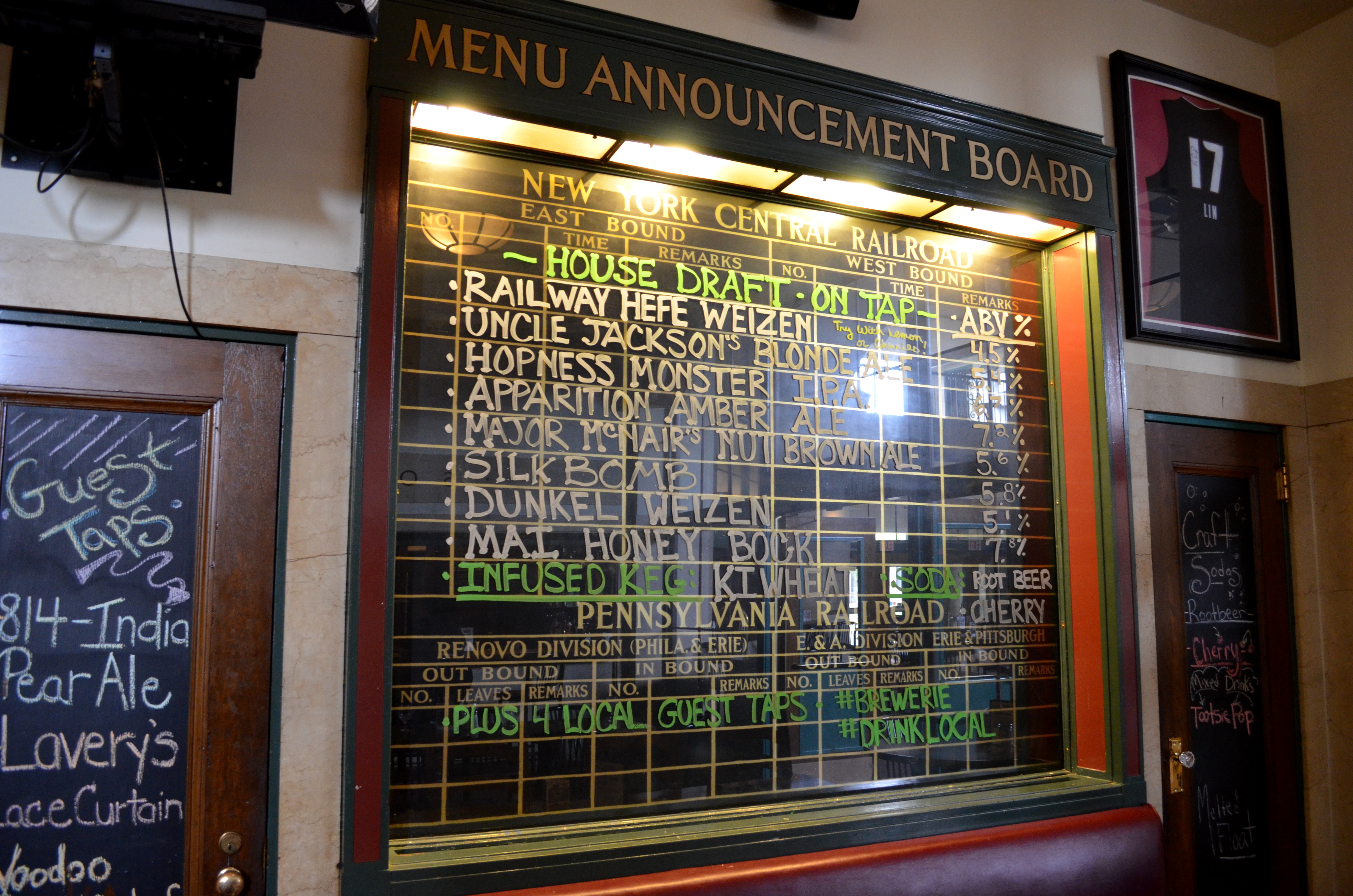 Beer menu for the Brewerie at Union Station in Erie, Pennsylvania, made from the former railroad timetable boards.