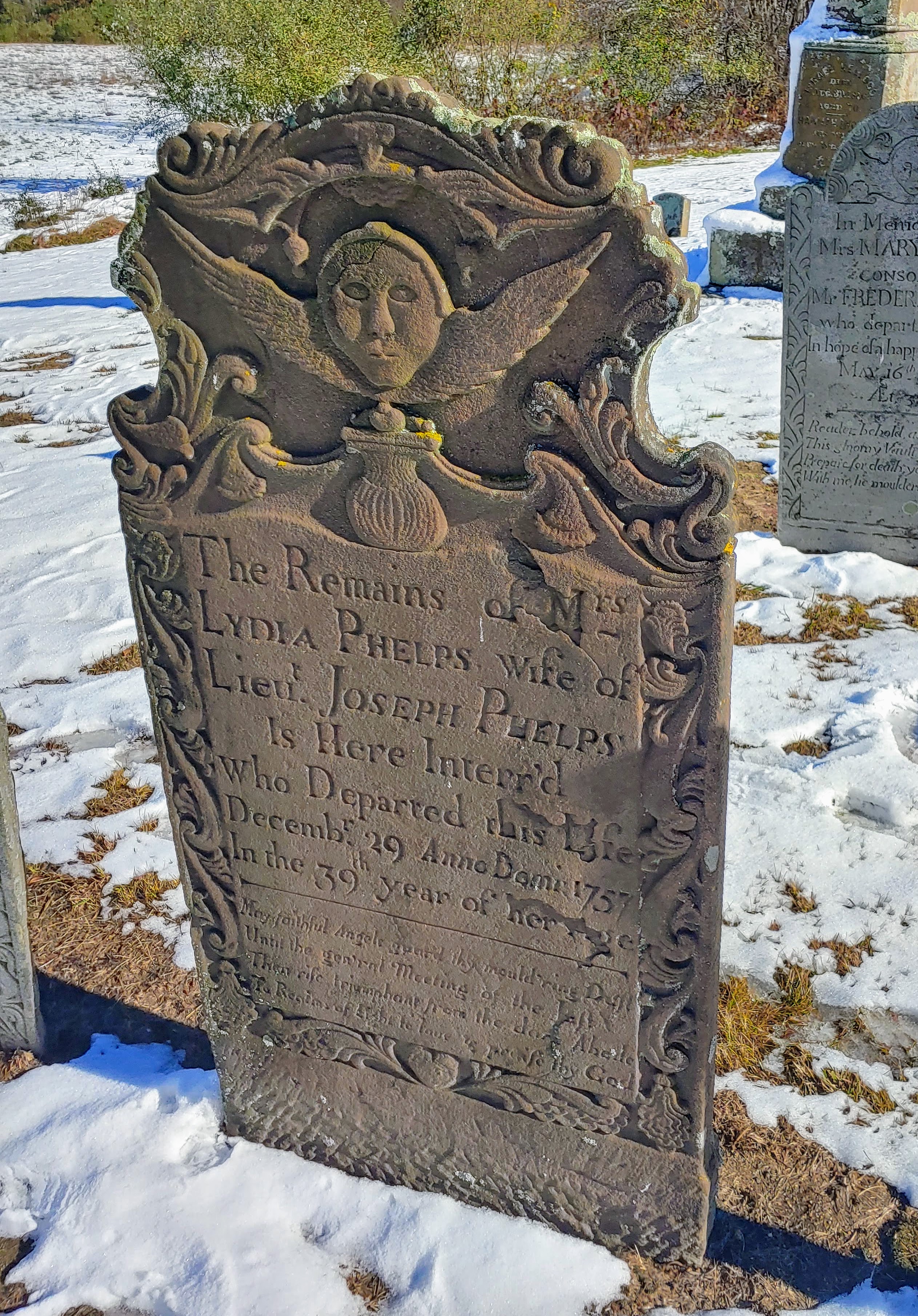 Tombstone carved from Portland Brownstone dating to 1757, carved by the Thomas Johnson family in Hebron Connecticut