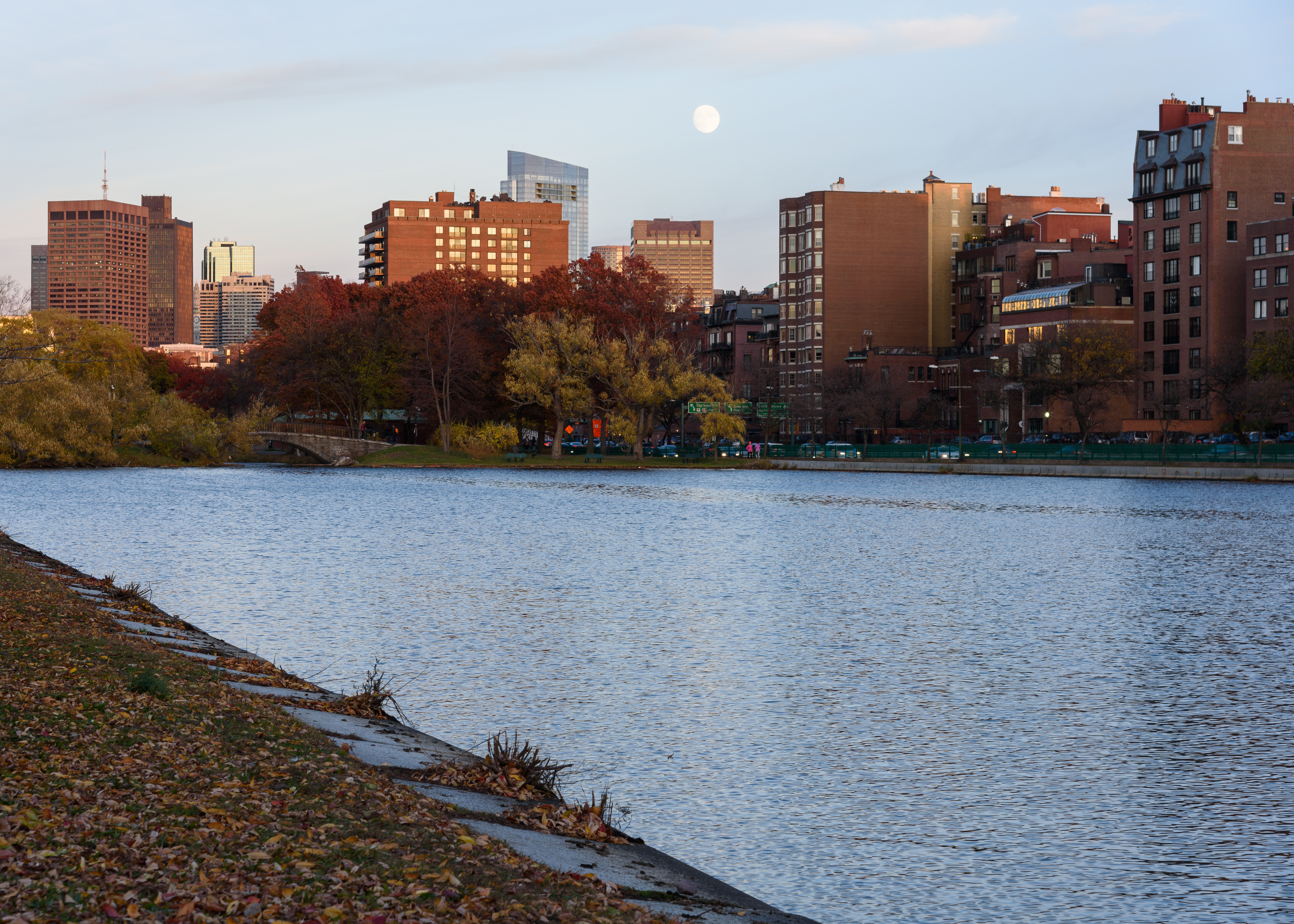 Back Bay buildings reflected in Storrow Lagoon, Charles River Esplanade, Boston.