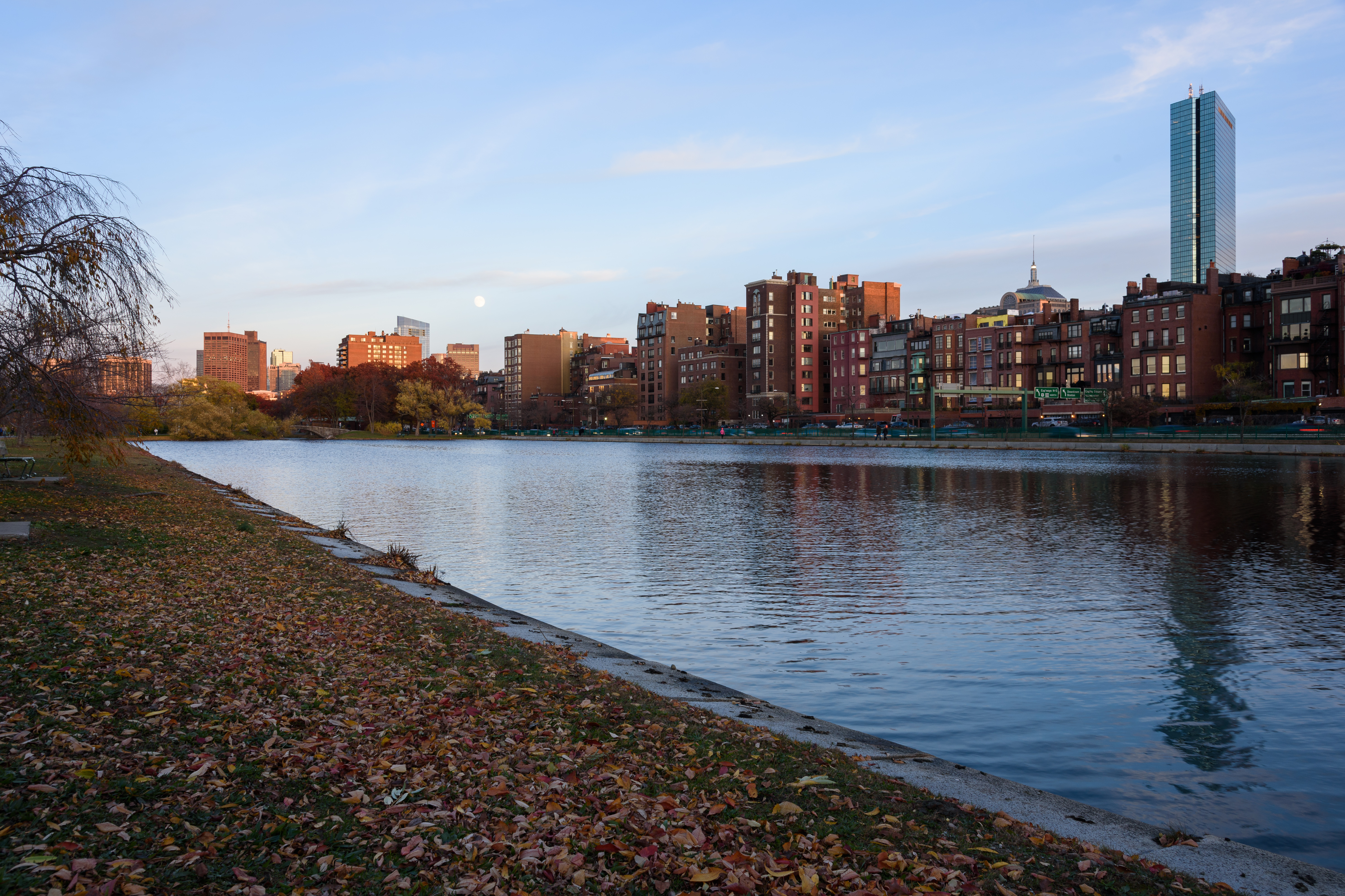 Back Bay buildings reflected in Storrow Lagoon, Charles River Esplanade, Boston.