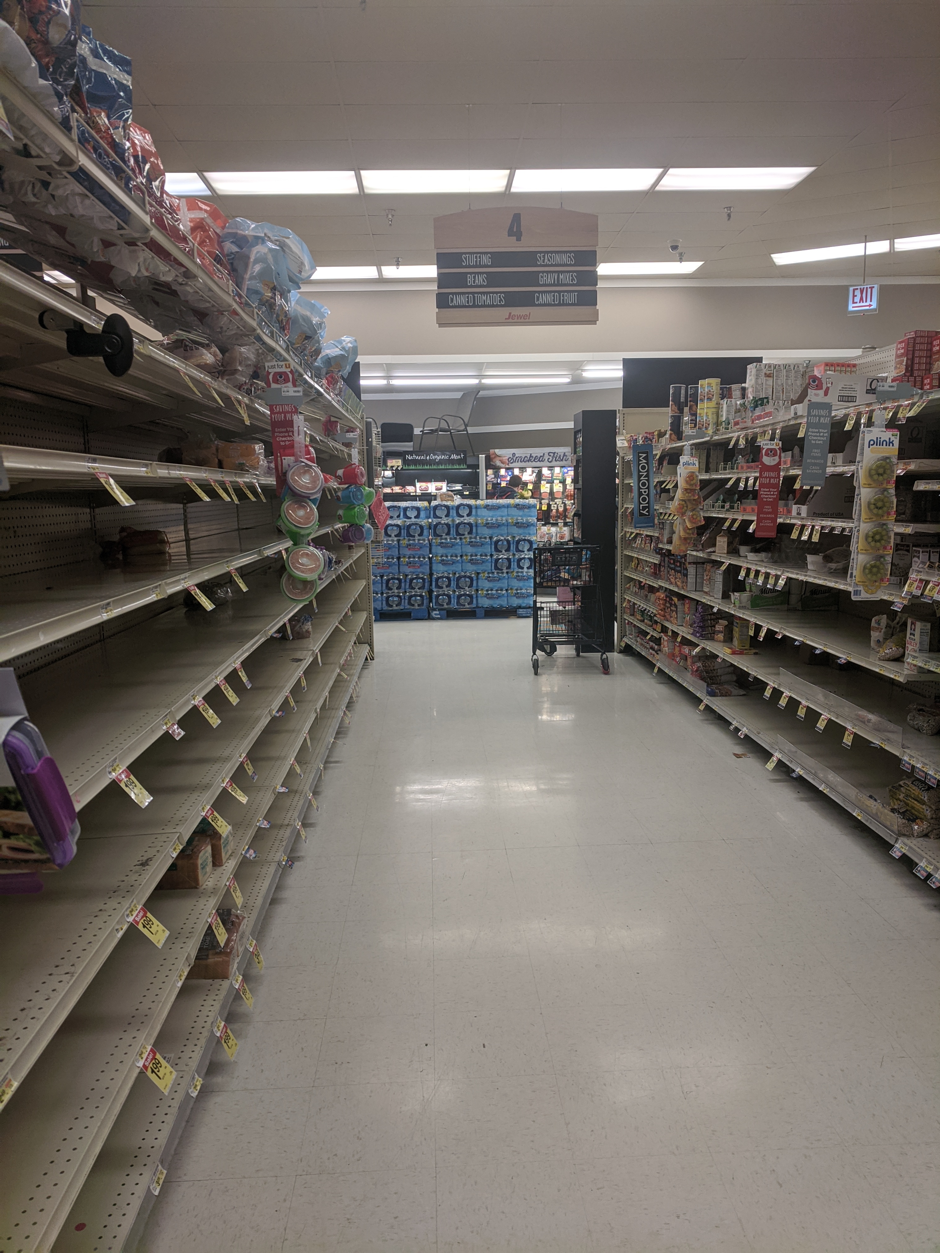 Aisle for bread and other items at a Jewel supermarket in the Lincoln Square neighborhood of Chicago on 13 March 2020 during the COVID-19 pandemic.