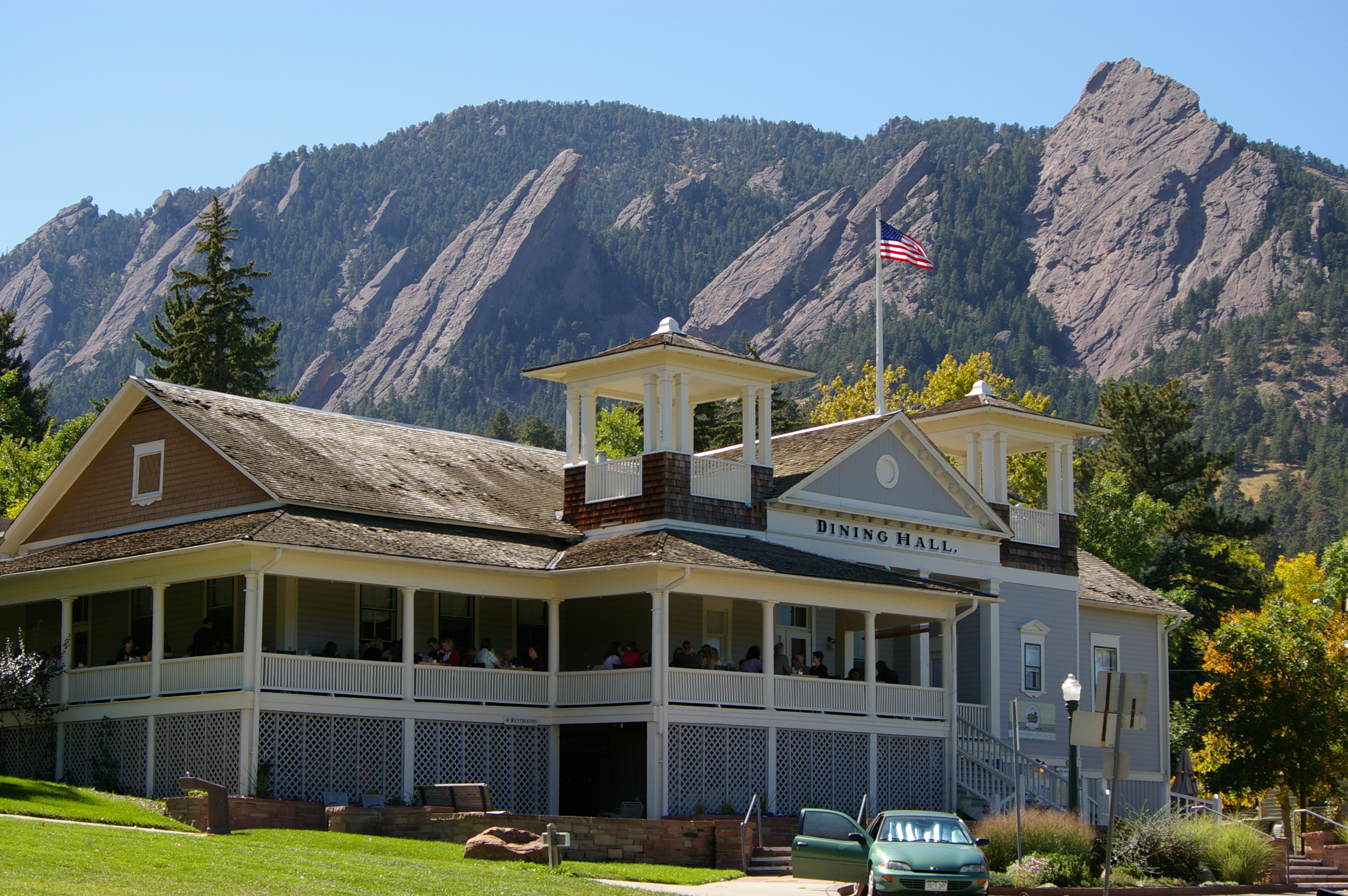 The Dining hall in Chautaqua Park in Boulder, with the Flatirons rock formations behind it.






This is an image of a place or building that is listed on the National Register of Historic Places in the United States of America. Its reference number