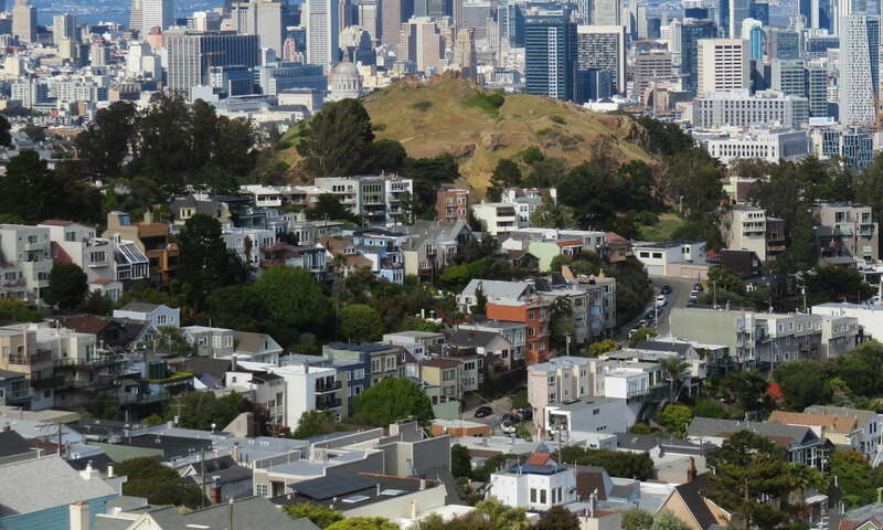 Corona Heights and the San Francisco skyline viewed from Tank Hill in May 2020