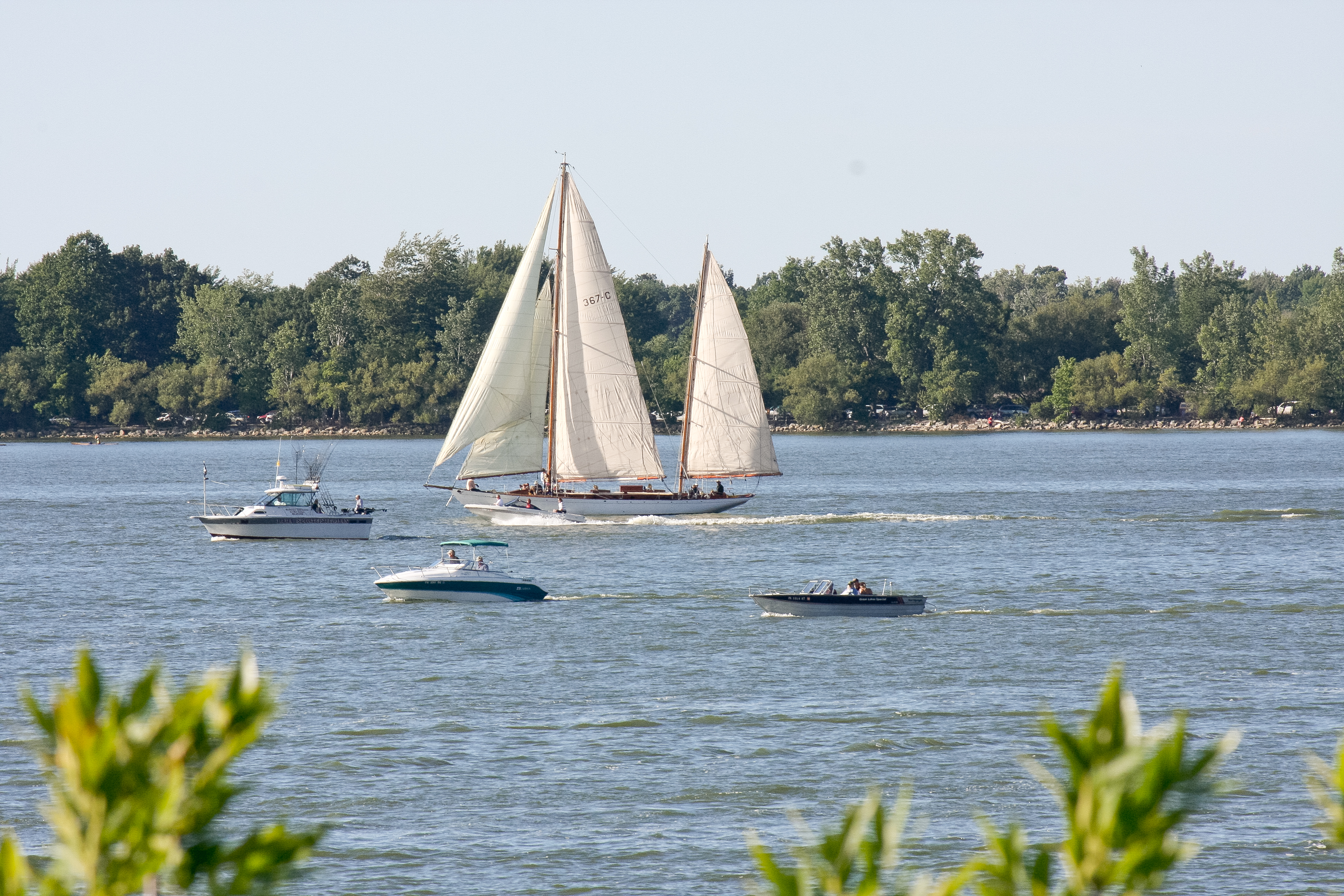 Wooden ketch Dreamer (built in 1929, designed by John G. Alden, sail number 367-c) between Dobbins Landing and Presqu Isle on Lake Erie, PA