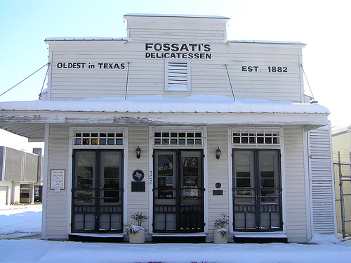Front of Fossati's Delicatessen, located at 302 S. Main Street in downtown Victoria, Texas, United States.  Built in 1900, it is the home of Texas' oldest delicatessen, and it is listed on the National Register of Historic Places.