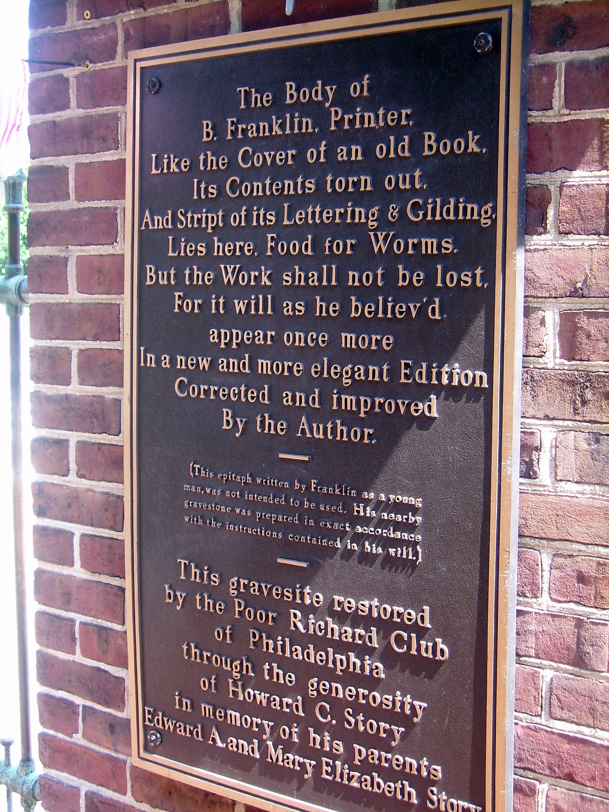 Epitaph written by Franklin, plaque at his grave site in Chrict Church cemetery