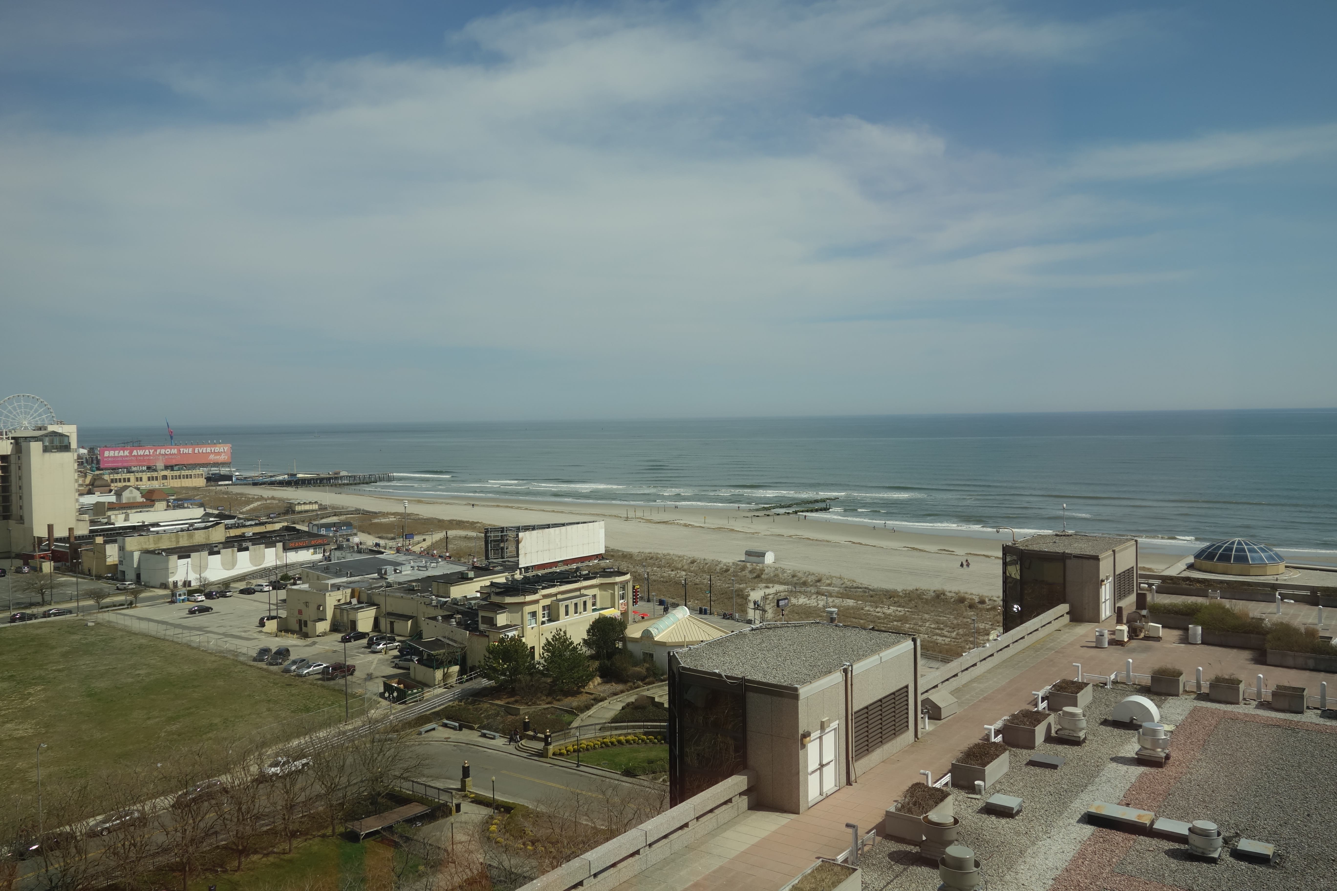 Looking from the Bally's Tower of Bally's Atlantic City toward the beach and the Atlantic Ocean, above Park Place / South Ohio Avenue and the Boardwalk in Atlantic City, New Jersey.