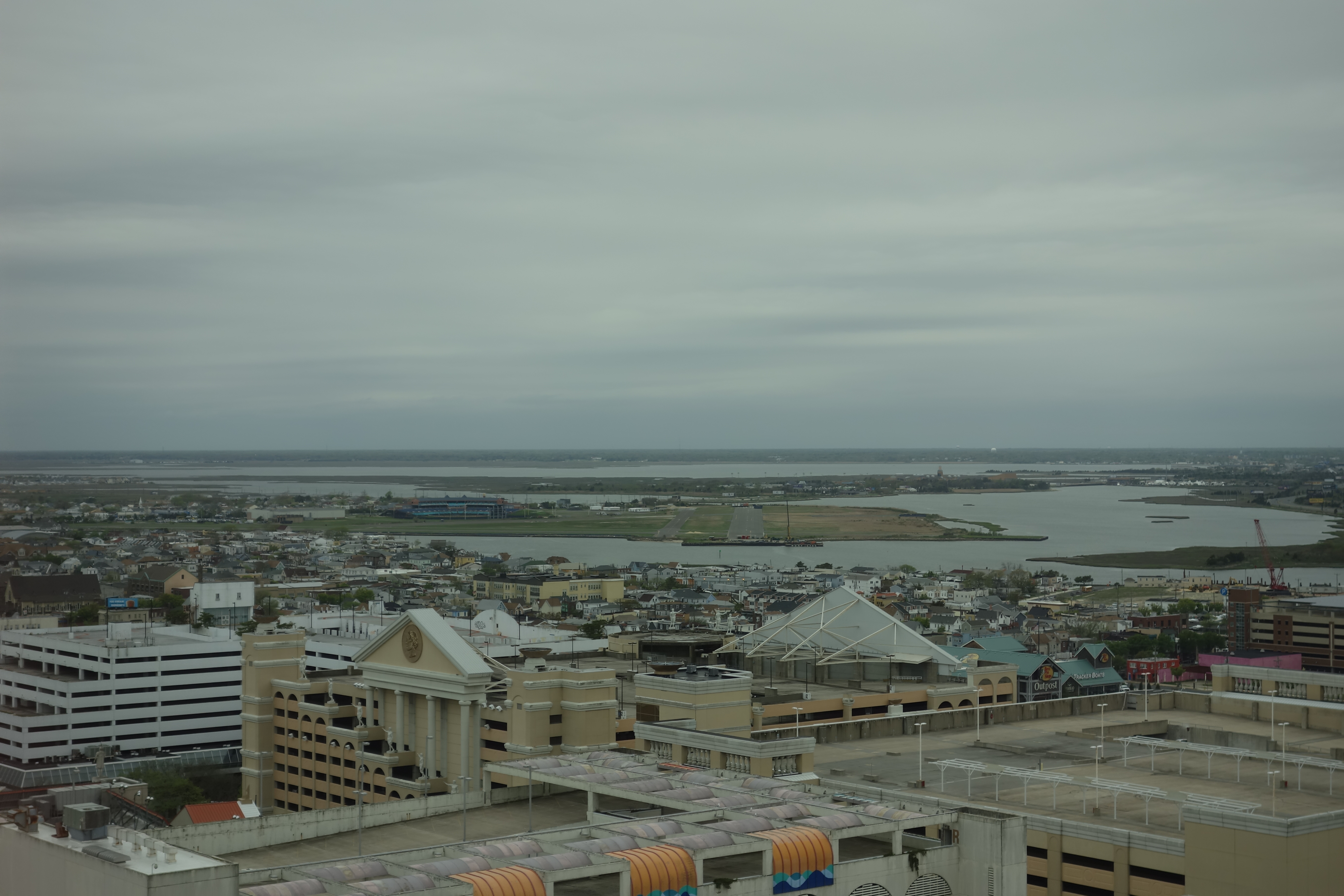 Looking northwest from the Bally's Tower of Bally's Atlantic City towards the former Bader Field airfield, the Surf Stadium baseball stadium, and Lakes Bay, looking from above Park Place / South Ohio Avenue and the Boardwalk in Atlantic City, New