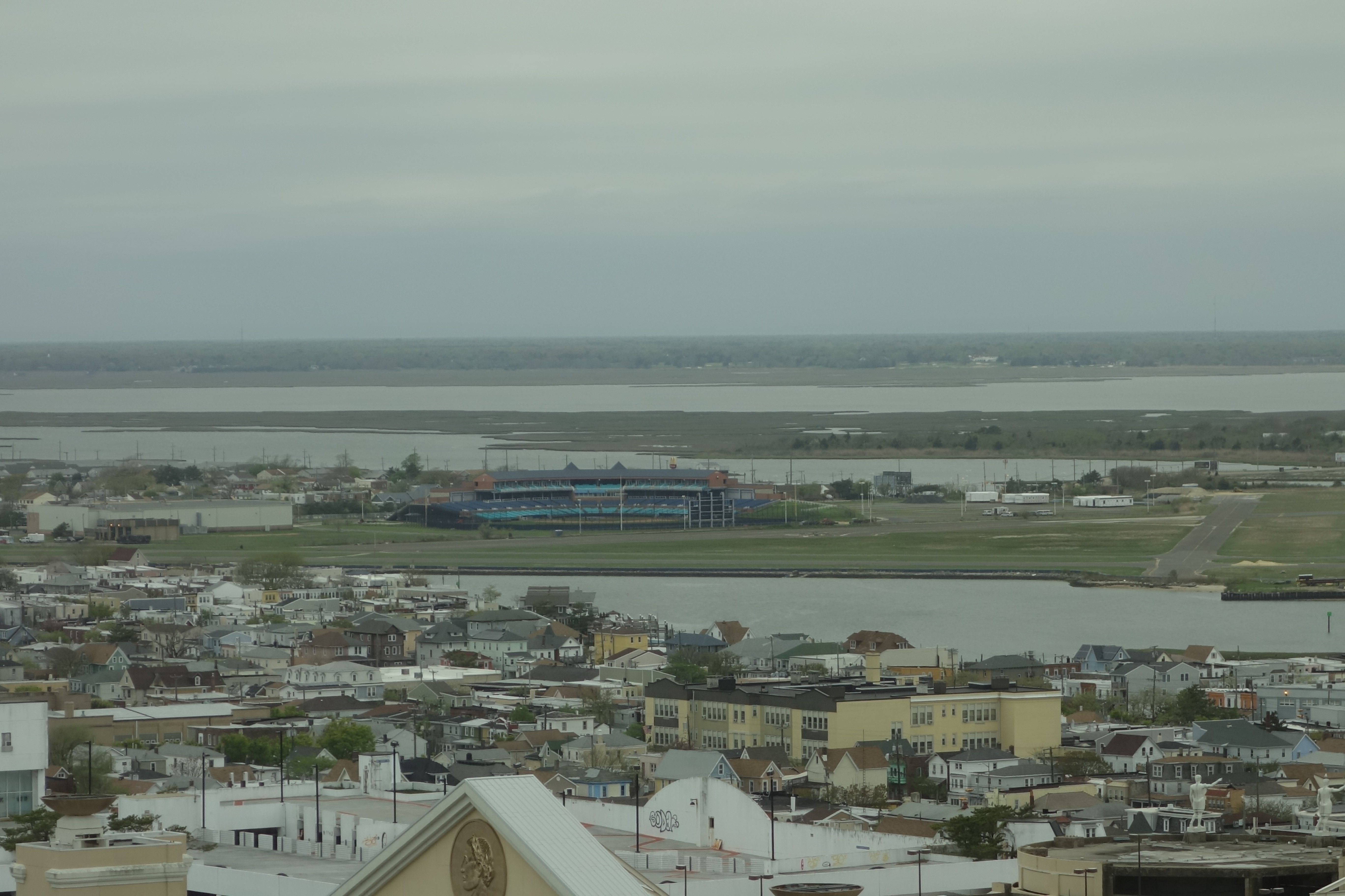 Looking northwest from the Bally's Tower of Bally's Atlantic City towards the Surf Stadium baseball stadium and Lakes Bay, looking from above Park Place / South Ohio Avenue and the Boardwalk in Atlantic City, New Jersey. The stadium is currently used