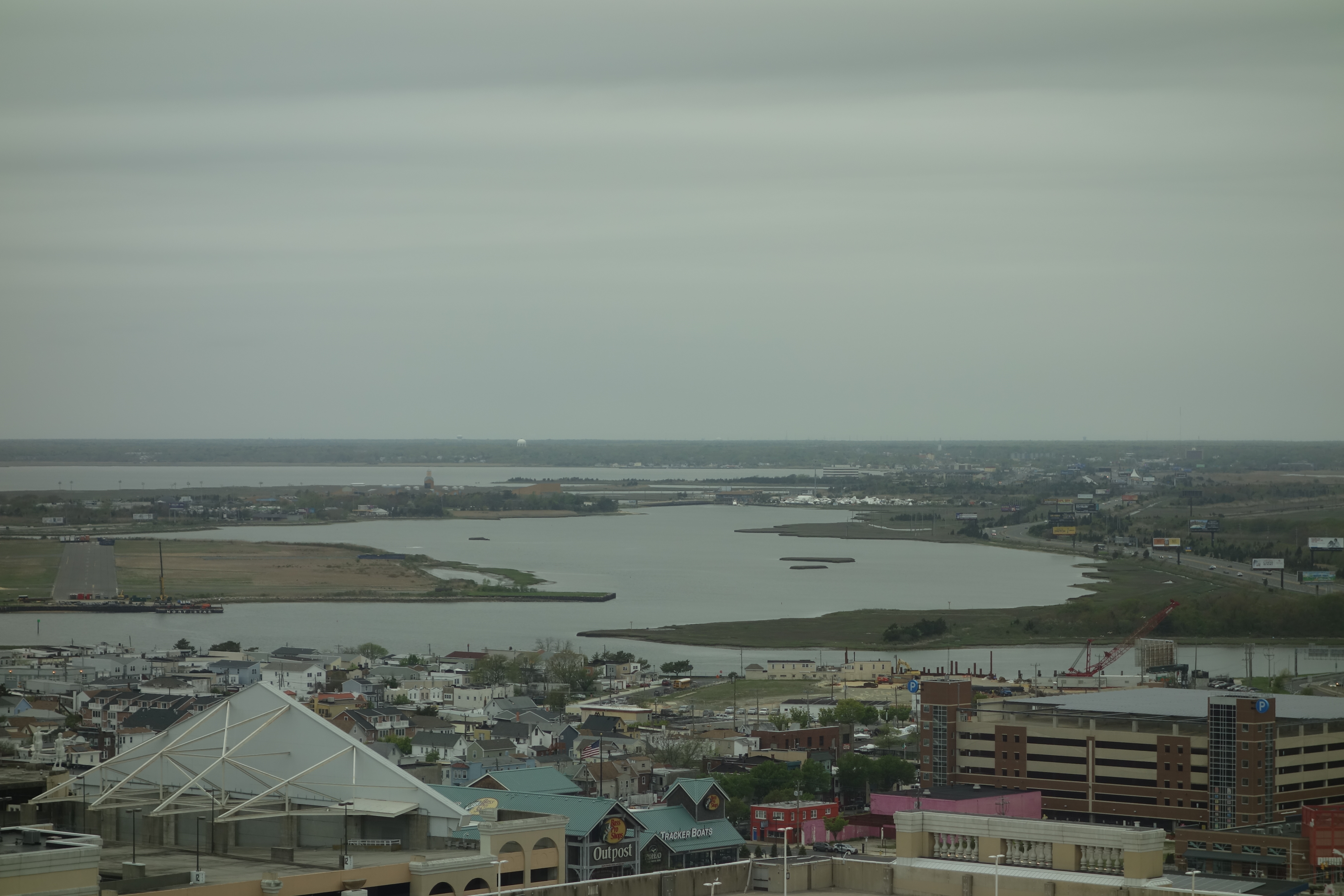 Looking northwest from the Bally's Tower of Bally's Atlantic City towards the former Bader Field airfield, the Surf Stadium baseball stadium, and Lakes Bay, looking from above Park Place / South Ohio Avenue and the Boardwalk in Atlantic City, New