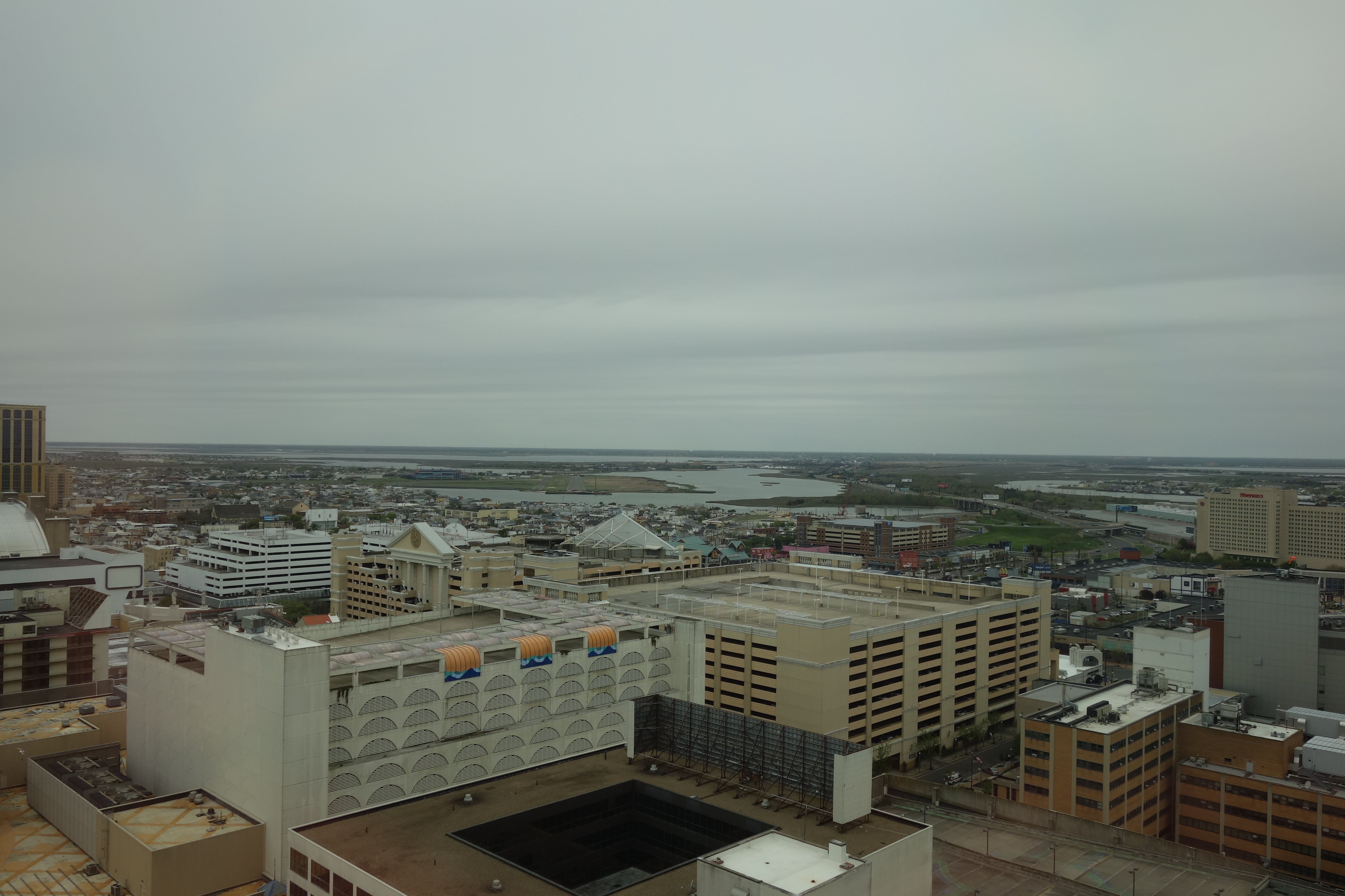 Looking northwest from the Bally's Tower of Bally's Atlantic City towards the former Bader Field airfield, the Surf Stadium baseball stadium, and Lakes Bay, looking from above Park Place / South Ohio Avenue and the Boardwalk in Atlantic City, New