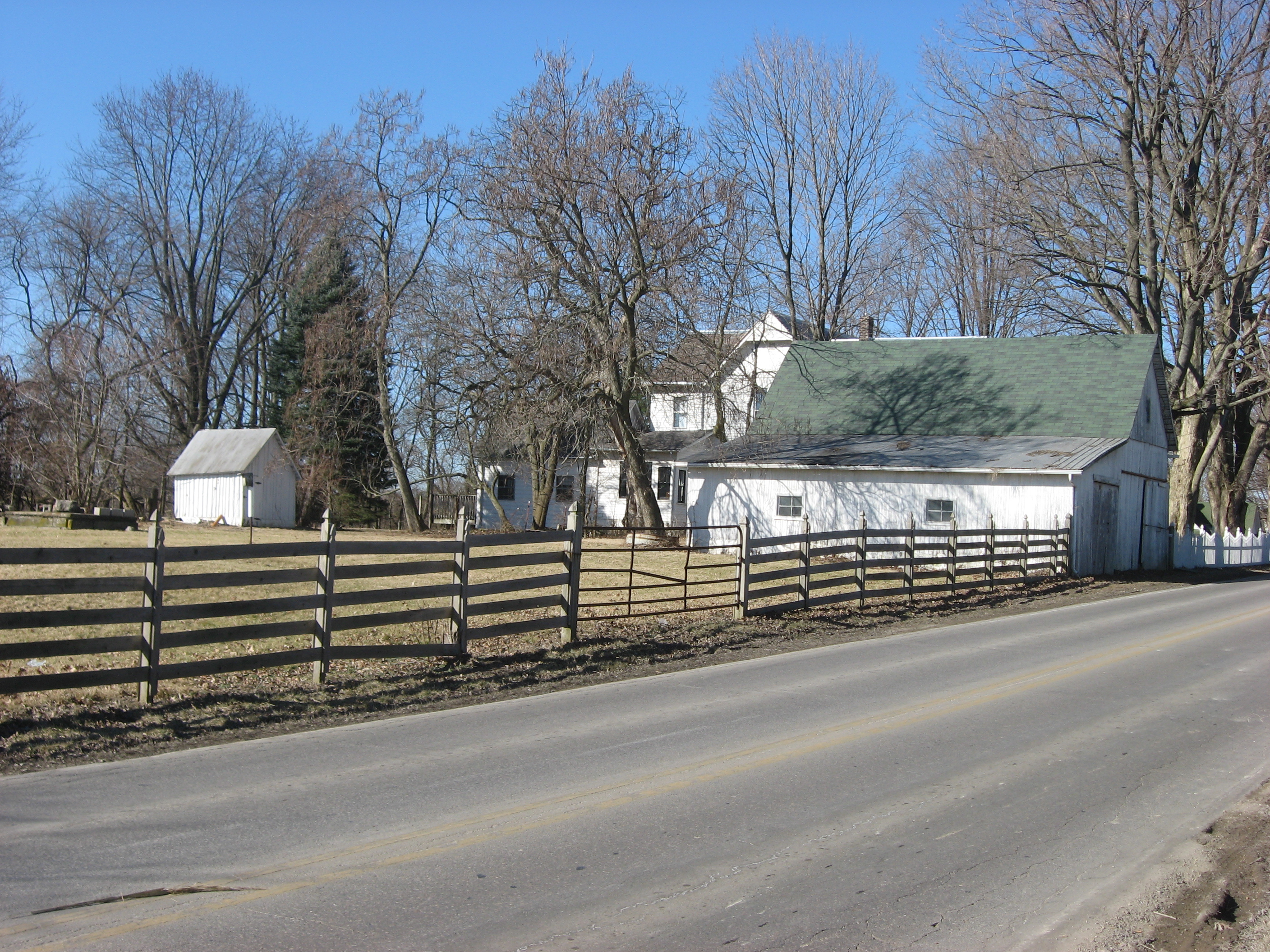 Front barn and a small outbuilding at the Hinkle-Garton Farmstead, located at 2920 E. Tenth Street in Bloomington, Indiana, United States.  The farm complex is listed on the National Register of Historic Places.