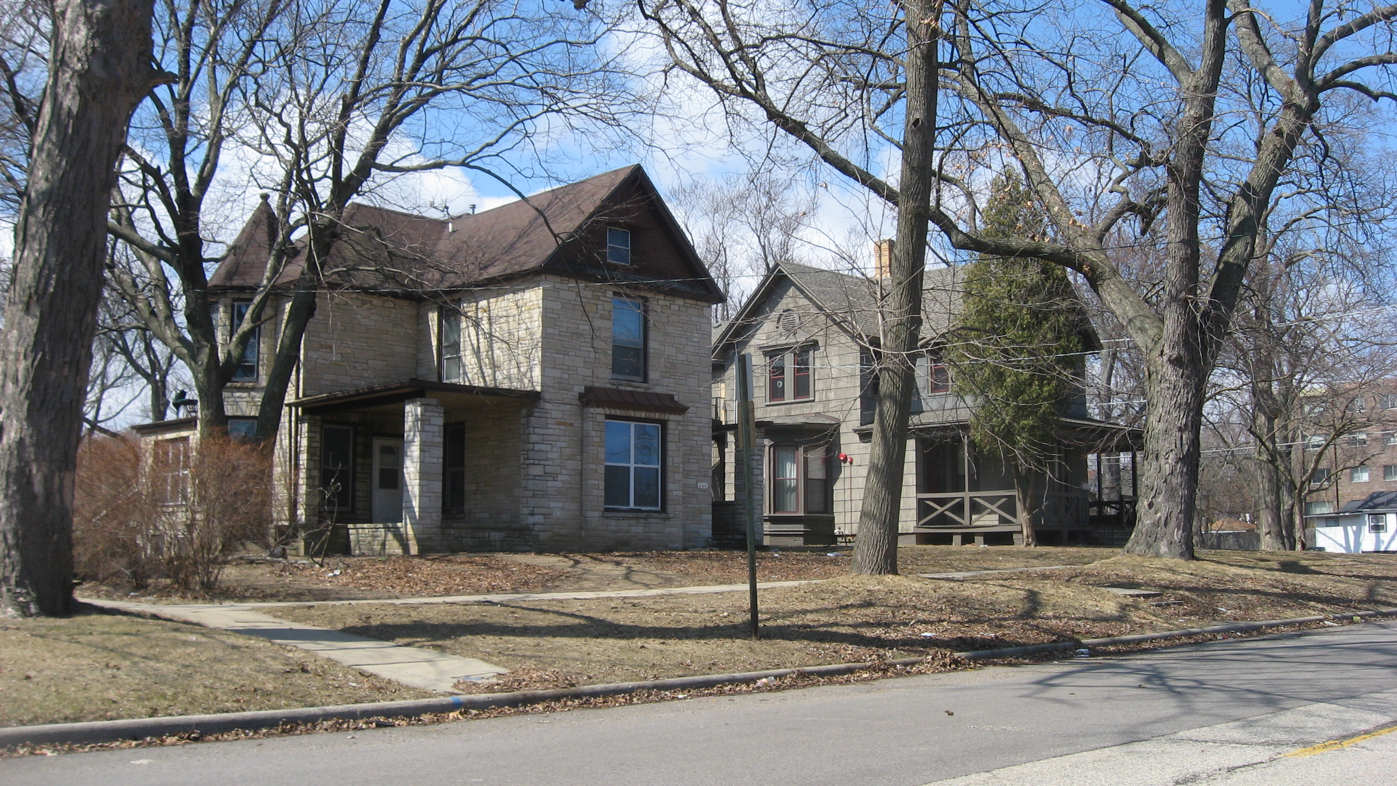 Houses on the southwestern corner of the junction of Genesee and Cory Streets in Waukegan, Illinois, United States.  This neighborhood is part of the Near North Historic District, a historic district that is listed on the National Register of