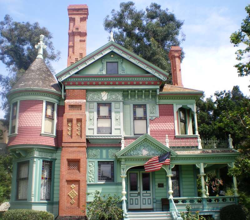 Photograph of front facade of the Hale House  â€” at Heritage Square Museum, north-central Los Angeles, California.
The Victorian Queen Anne style house was located in the nearby Highland Park district for 85 years (1885 - 1970).
The Hale House is a