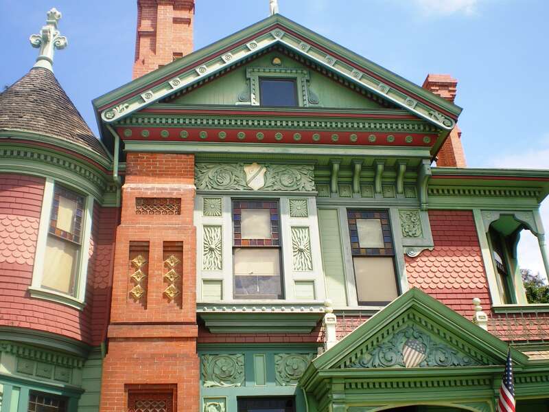 Photograph of front facade of the Hale House  â€” at Heritage Square Museum, north-central Los Angeles, California.
The Victorian Queen Anne style house was located in the nearby Highland Park district for 85 years (1885 - 1970).
The Hale House is a