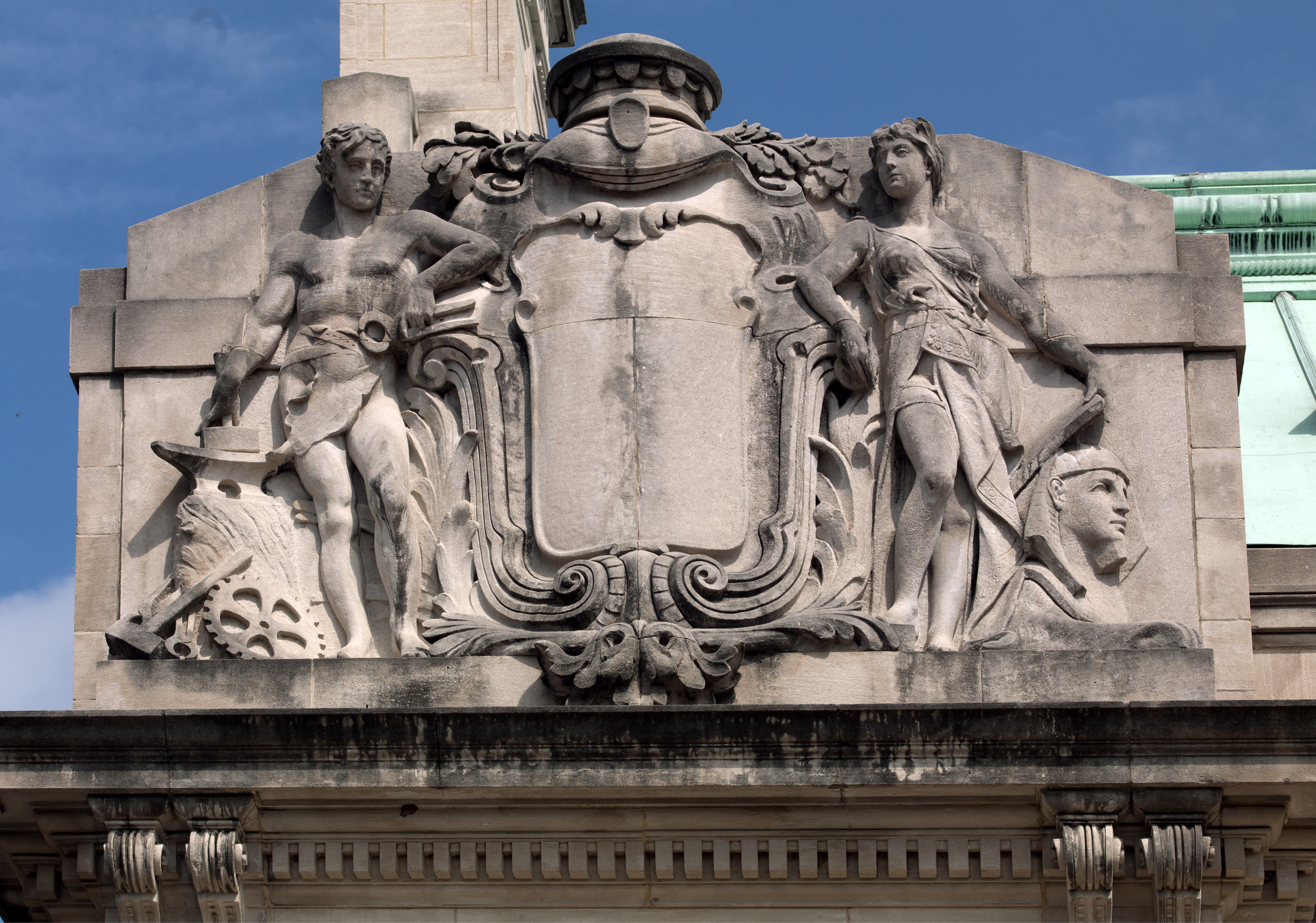 Architectural sculptures on the Handley Library facade in Winchester, Virginia, United States.