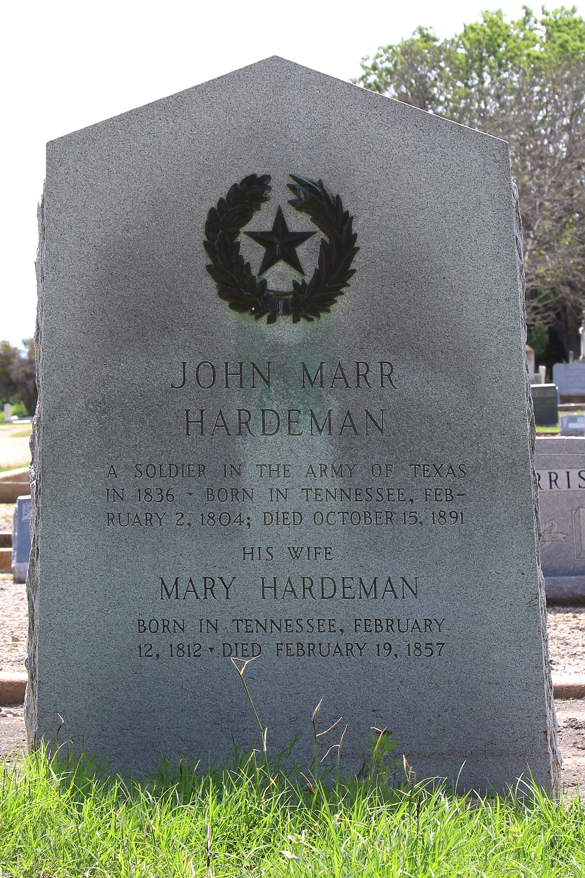 John Marr Hardeman 1936 Texas Centennial grave marker in Italy Cemetery in Italy, Texas, United States.