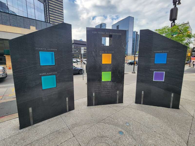 Memorial to the June 5th, 2013 Salvation Army building collapse at 22nd and Market streets in Philadelphia, PA. View from the rear, facing the street intersection. The six stained glass panes represent the six lives lost, with the empty frame