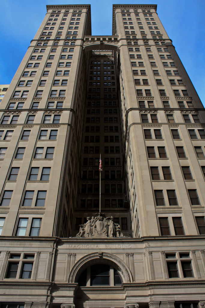 Exterior view of the Magnolia Building in downtown Dallas, now the Magnolia Hotel.
