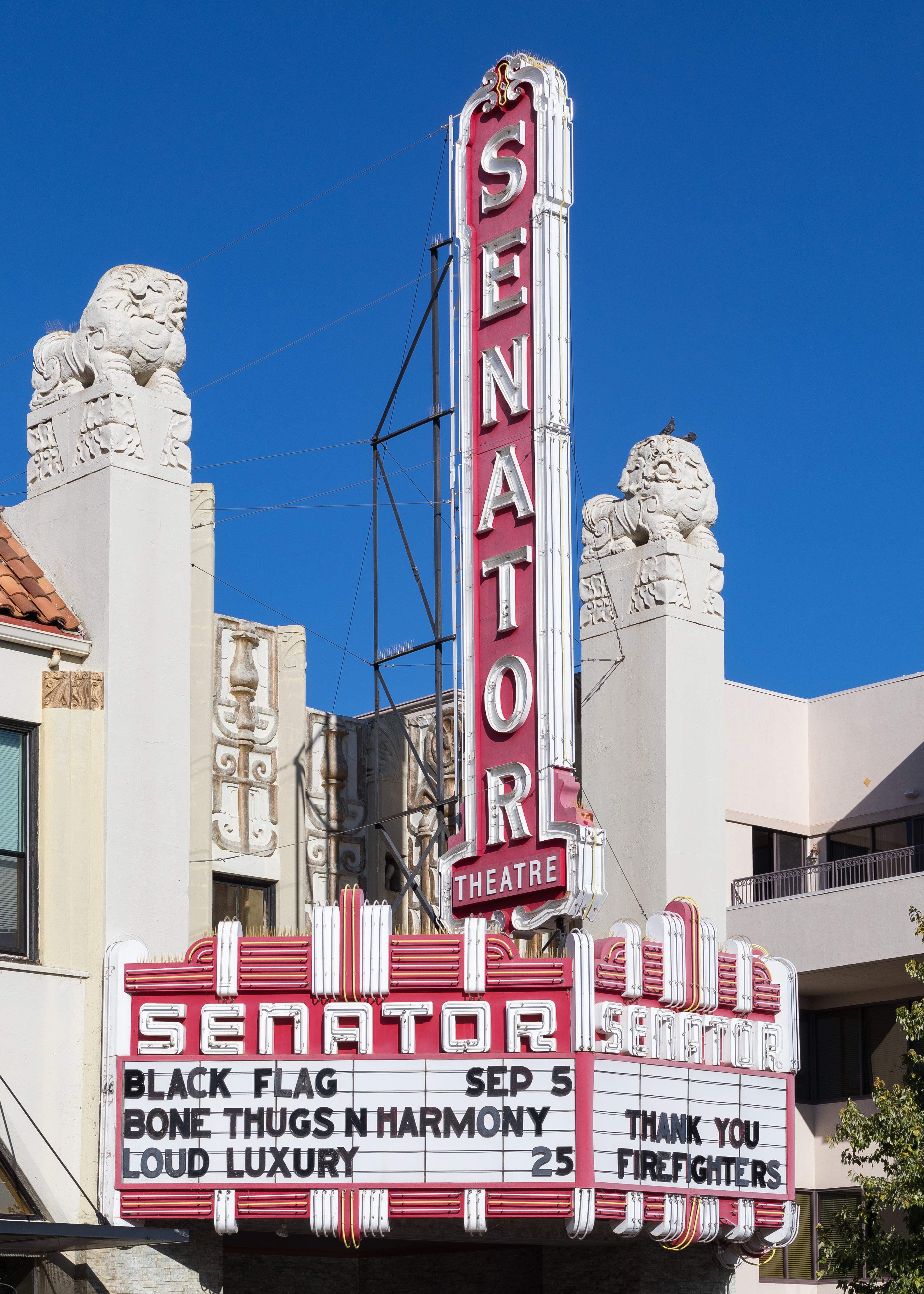 Marquee and blade of the Senator Theatre in Chico, California, in September 2019