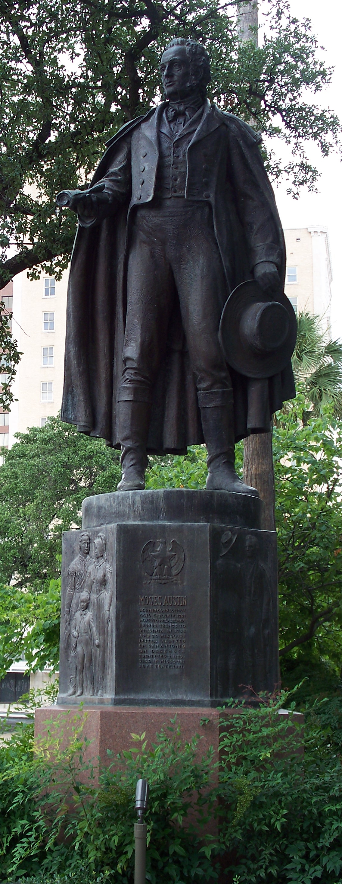 A statue of Moses Austin (1937) sculpted by Waldine Tauch for the Texas Centennial is located opposite the Governor's Palace on the northwest corner of city hall grounds in San Antonio, Texas