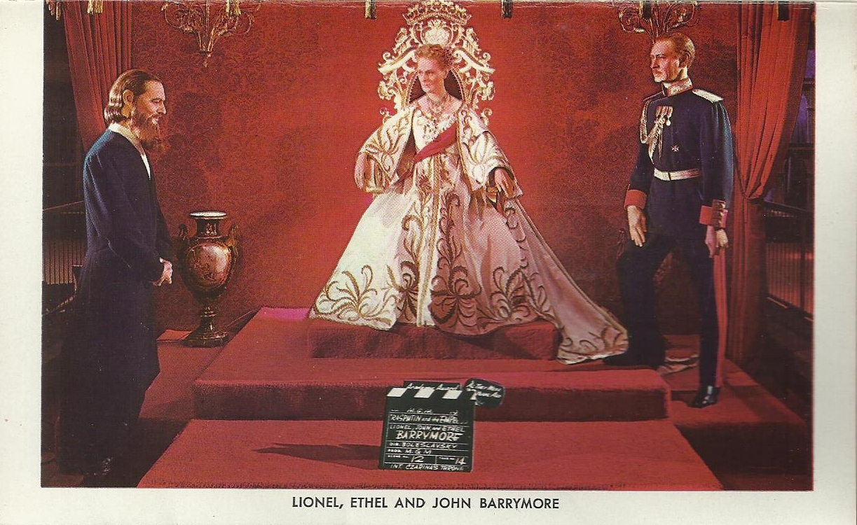 Judy and I visited the Movieland Wax Museum in Buena Park, CA, in August 1969.
The museum opened in 1962. and closed in 2005.  During its time, 10 million people visited the museum.

A postcard of Lionel, John and Ethel Barrymore in "Rasputin and the