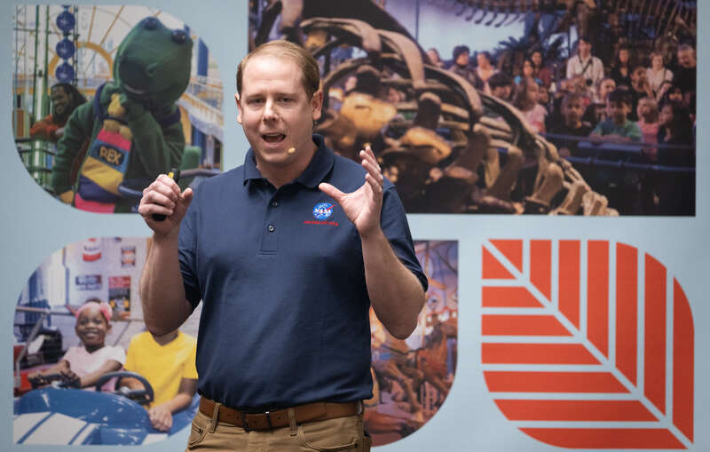 Bradley Williams, program executive in the Heliophysics Division of NASA's Science Mission Directorate, speaks to visitors at The Children’s Museum of Indianapolis, Sunday, April 7, 2024, in Indianapolis, Ind. On Monday, April 8, a total solar