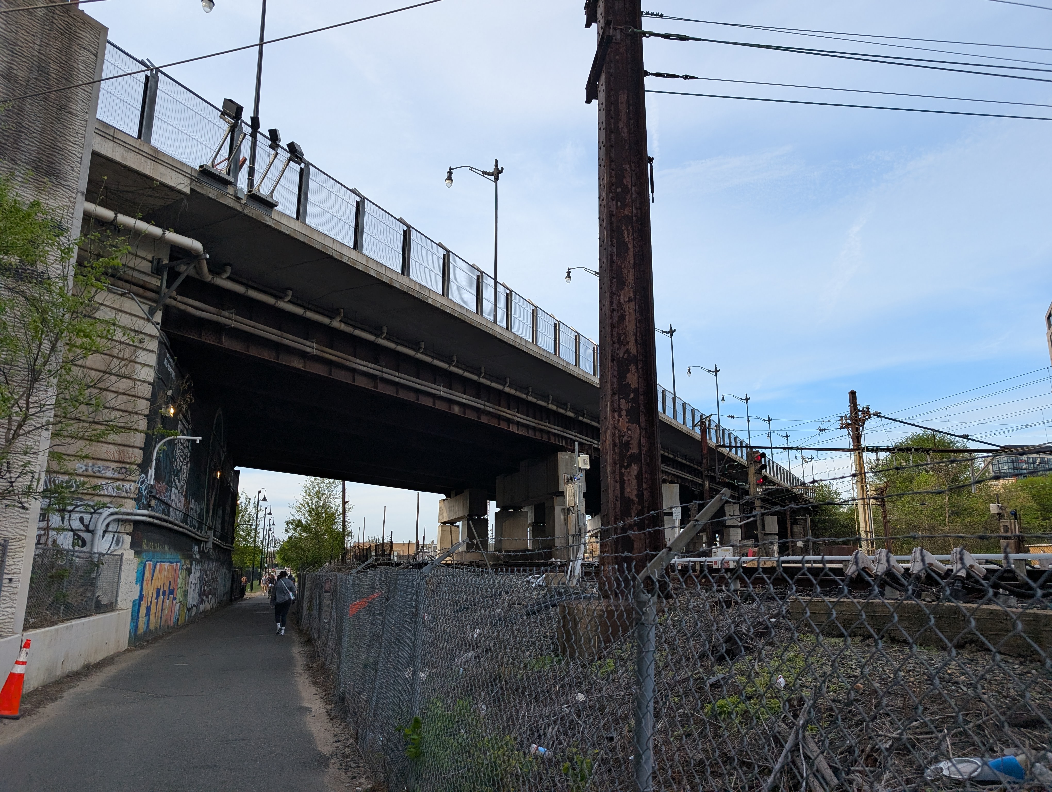 The bridge carrying New York Avenue NE over railroad tracks and adjacent Metropolitan Branch Trail in Washington, D.C.
