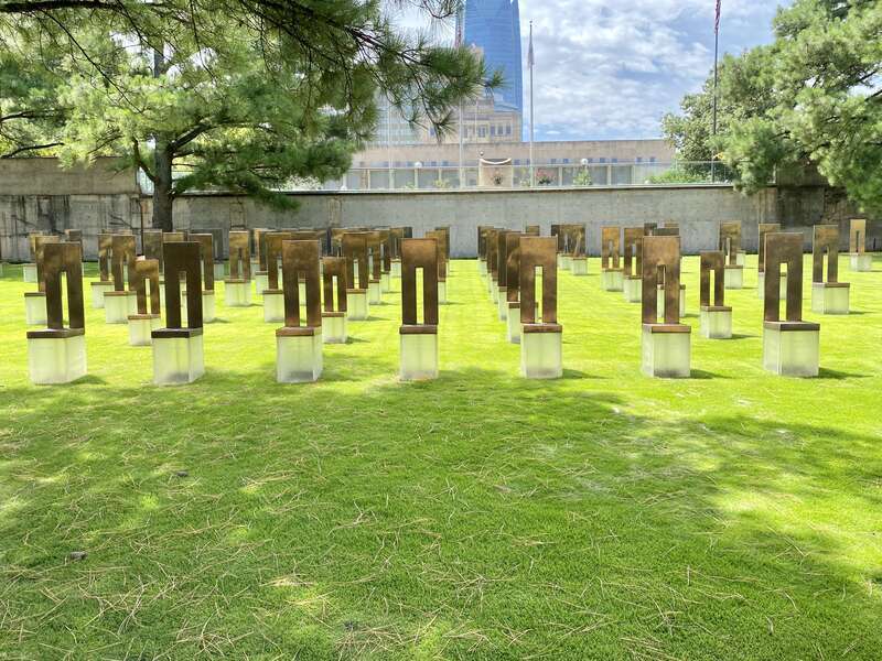 Built in 1997-2004, this Contemporary memorial was designed by Butzer Design Partnership, incorporating the Brutalist plaza and parking garage of the former Alfred P. Murrah Federal Building, which was built in 1977 and designed by Locke, Wright and