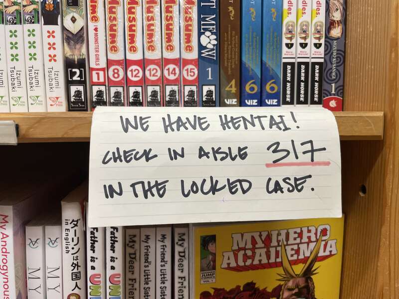 Sign at Powell's City of Books advertising the availability of Hentai.