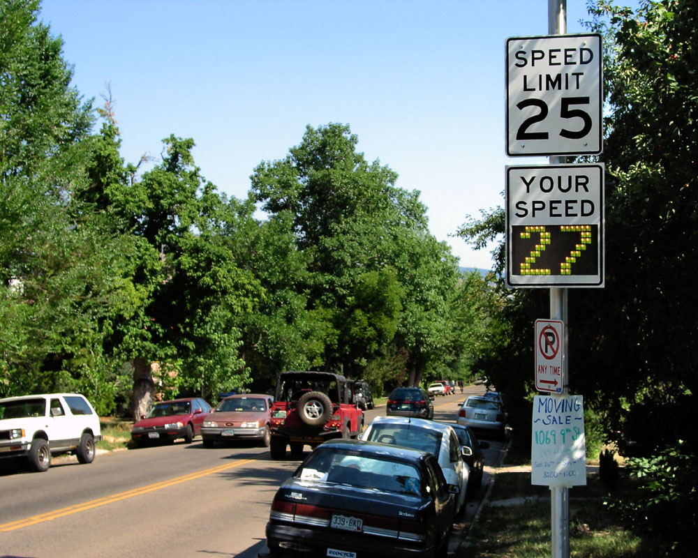 Close-up of a radar-based speed feedback sign, with the recorded speed over the limit. Looking northwards on 9th Street, Boulder, Colorado, United States. Near the junction with Cascade Avenue.