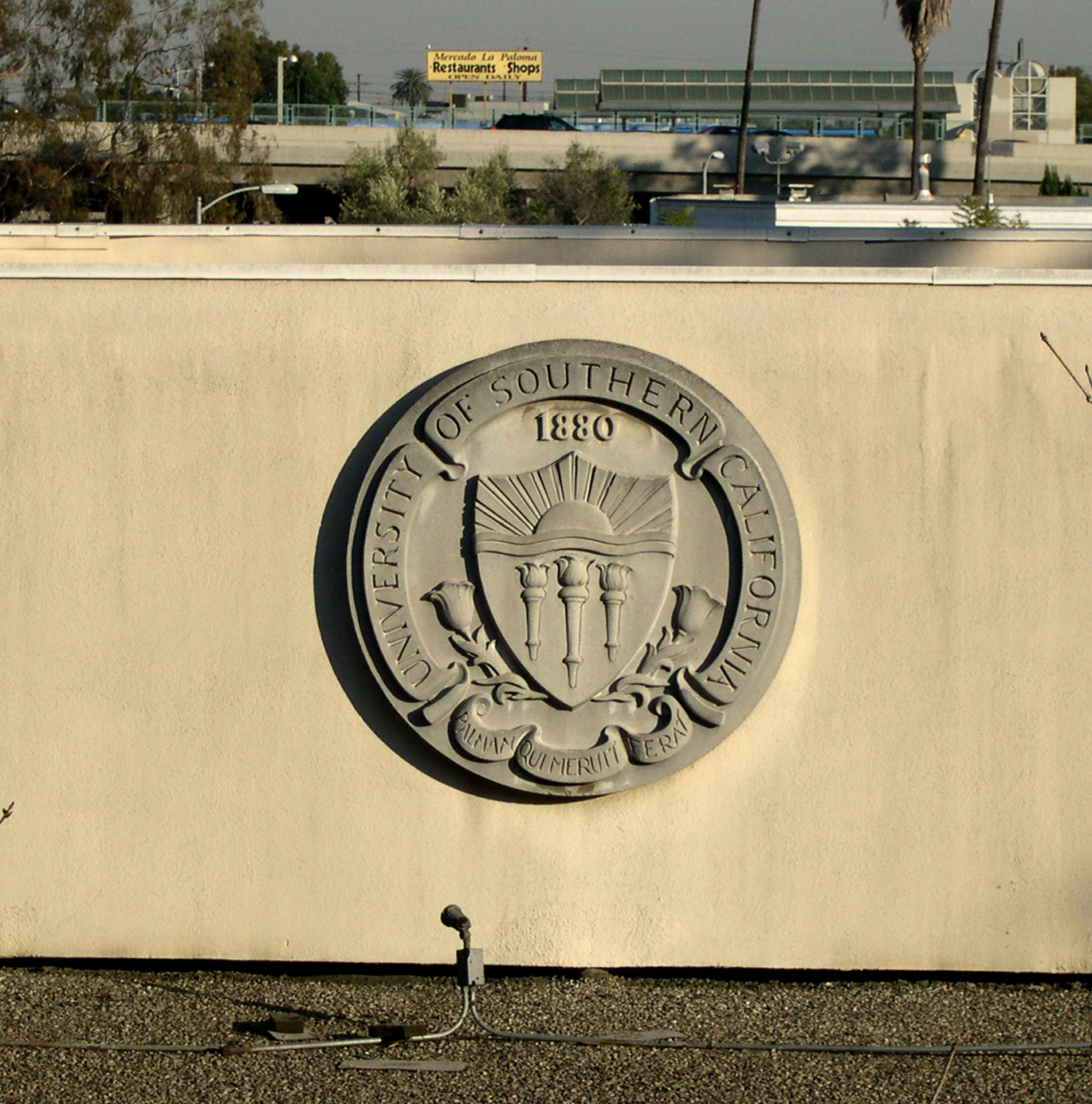 USC official seal on roof of Registration Building (demolished c.2015), University of Southern California