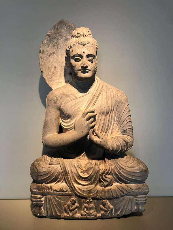 A seated Buddha from the Peshawar Valley (Jamalgarhi) at the San Francisco Asian Art Museum. Dated between 300 and 500 CE.