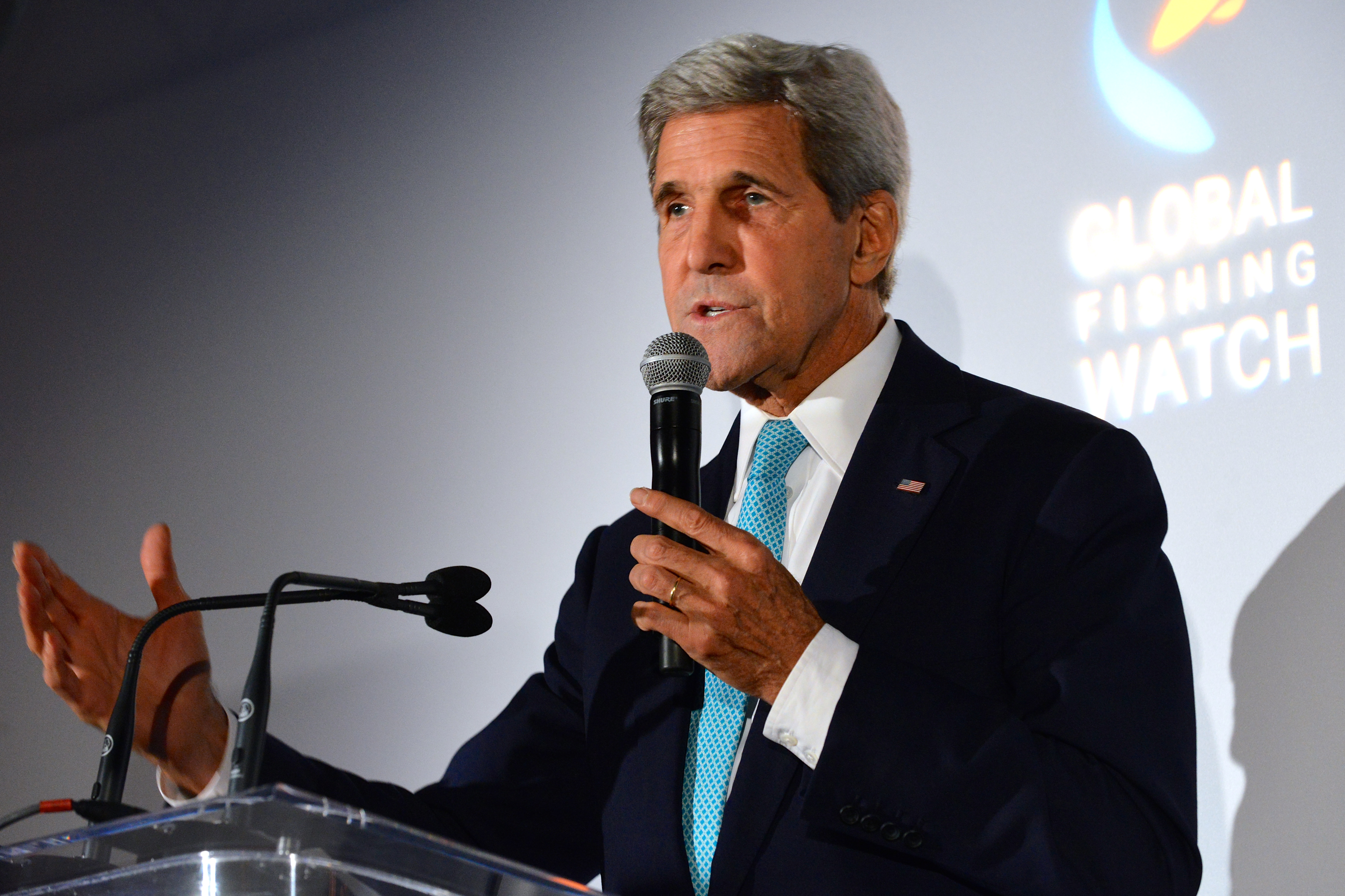 U.S. Secretary of State John Kerry delivers remarks at the Global Fishing Watch preview reception, hosted by Oceana, Google, and SkyTruth, at the Long View Gallery, in Washington, DC. on September 14, 2016. [State Department Photo/ Public Domain]