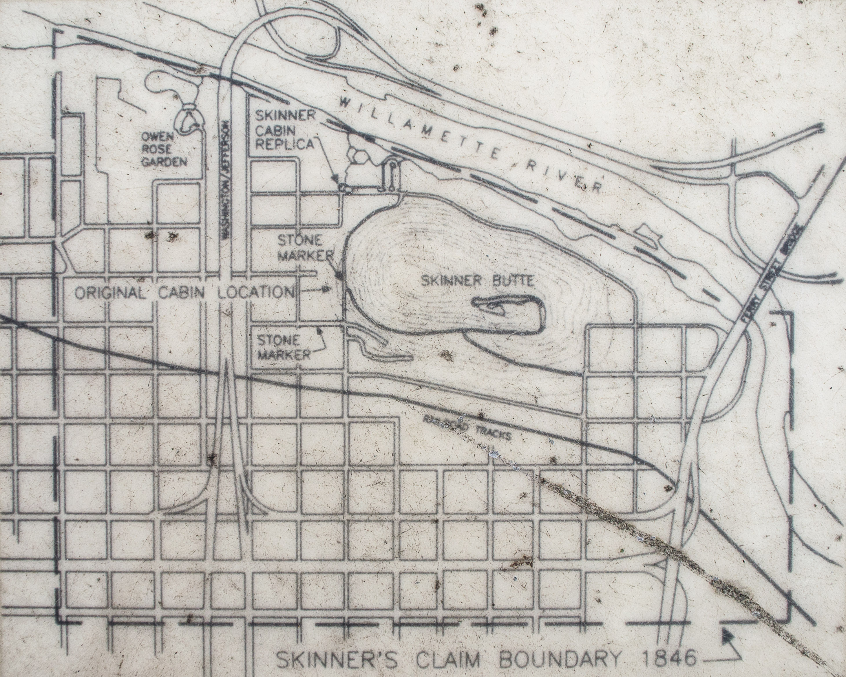 A map of the Skinner land claim superimposed over the modern Skinner Butte area in Eugene, Oregon. Image courtesy of Eugene Parks and Recreation