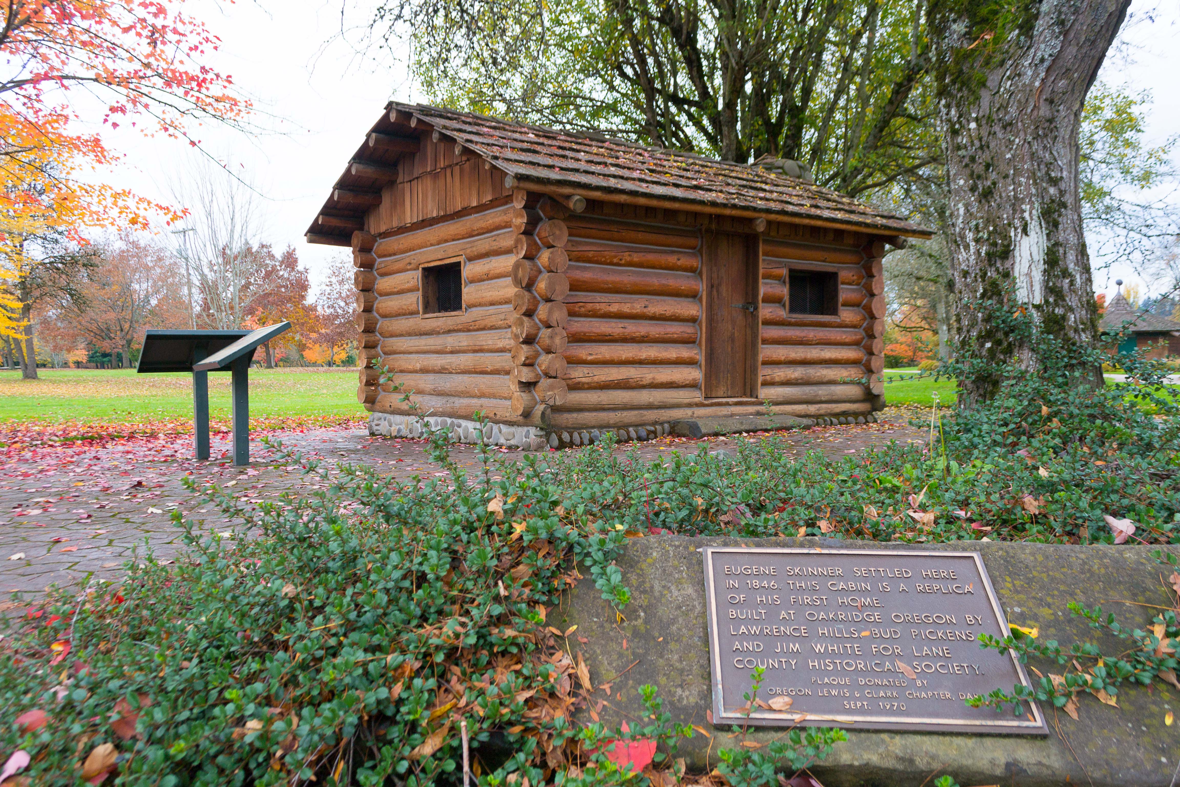 A replica of the first cabin inhabited by Eugene Skinner during the founding of Eugene, Oregon