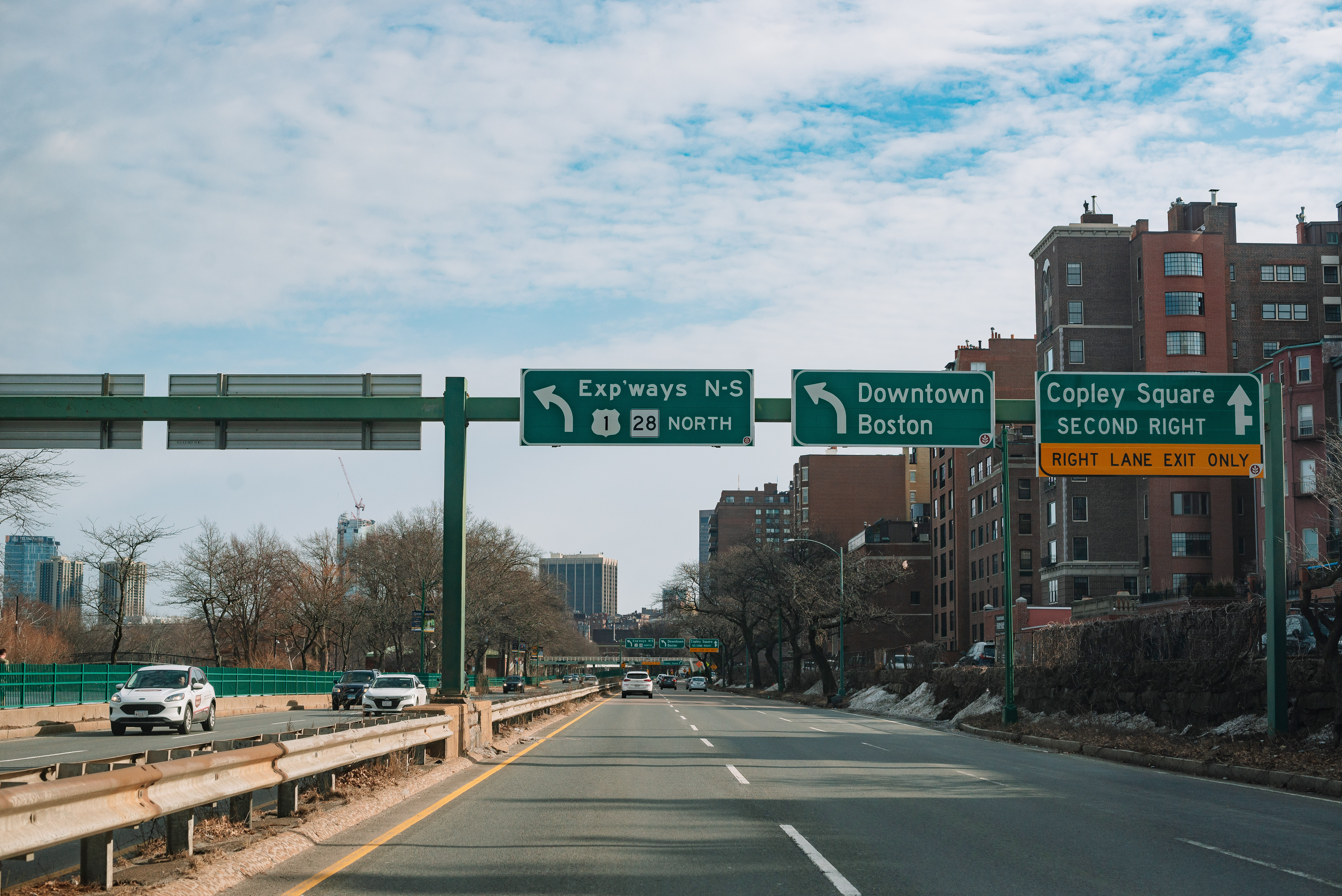 Sign gantry on eastbound Storrow Drive near Fairfield Street in February 2022