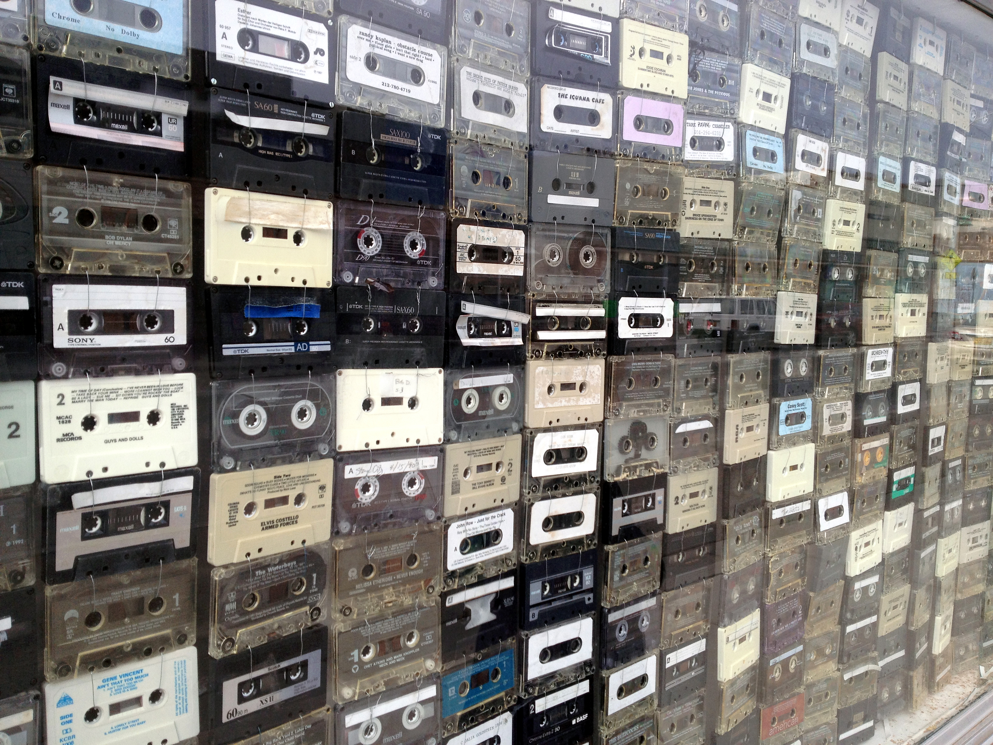 Old tape cassettes of music strung together with wire behind a plate glass window (southern New Mexico, 2014).